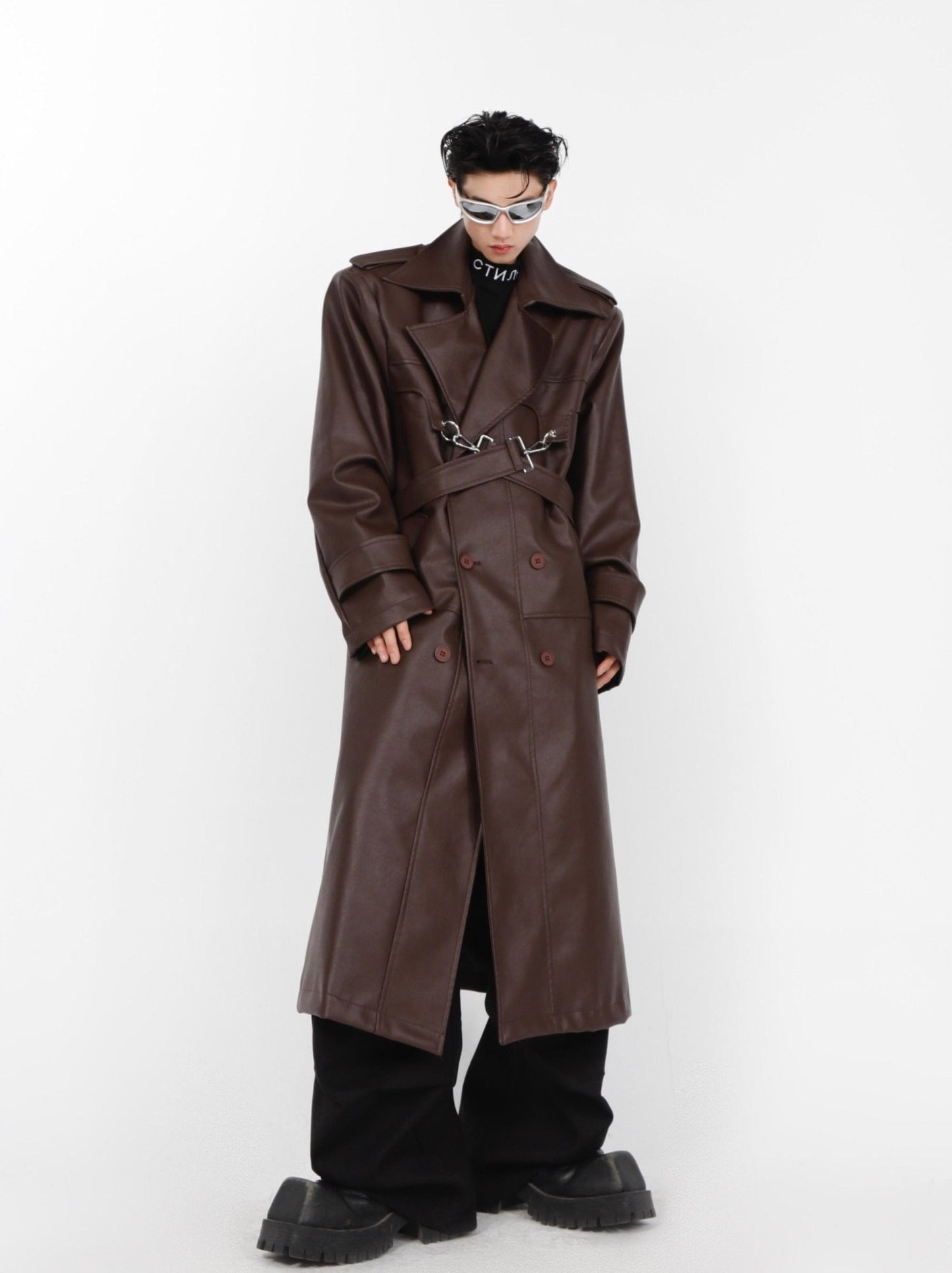 Faux Leather Shoulder-Pad Overcoat | Dual-Layer Zip Design Trench