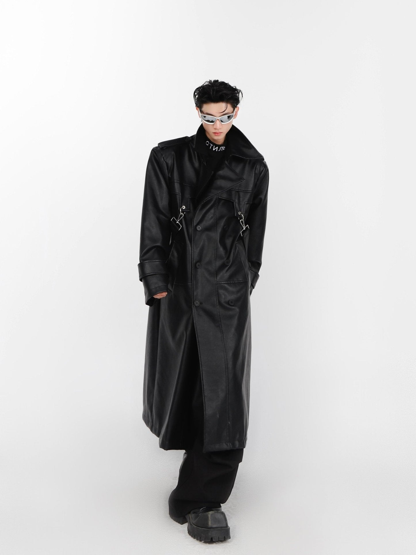 Faux Leather Shoulder-Pad Overcoat | Dual-Layer Zip Design Trench