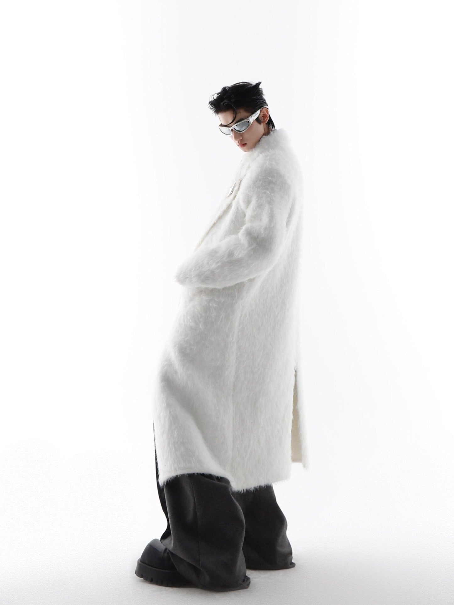 Faux Mink Fur Padded Shoulder Overcoat | Luxurious Longline White Trench