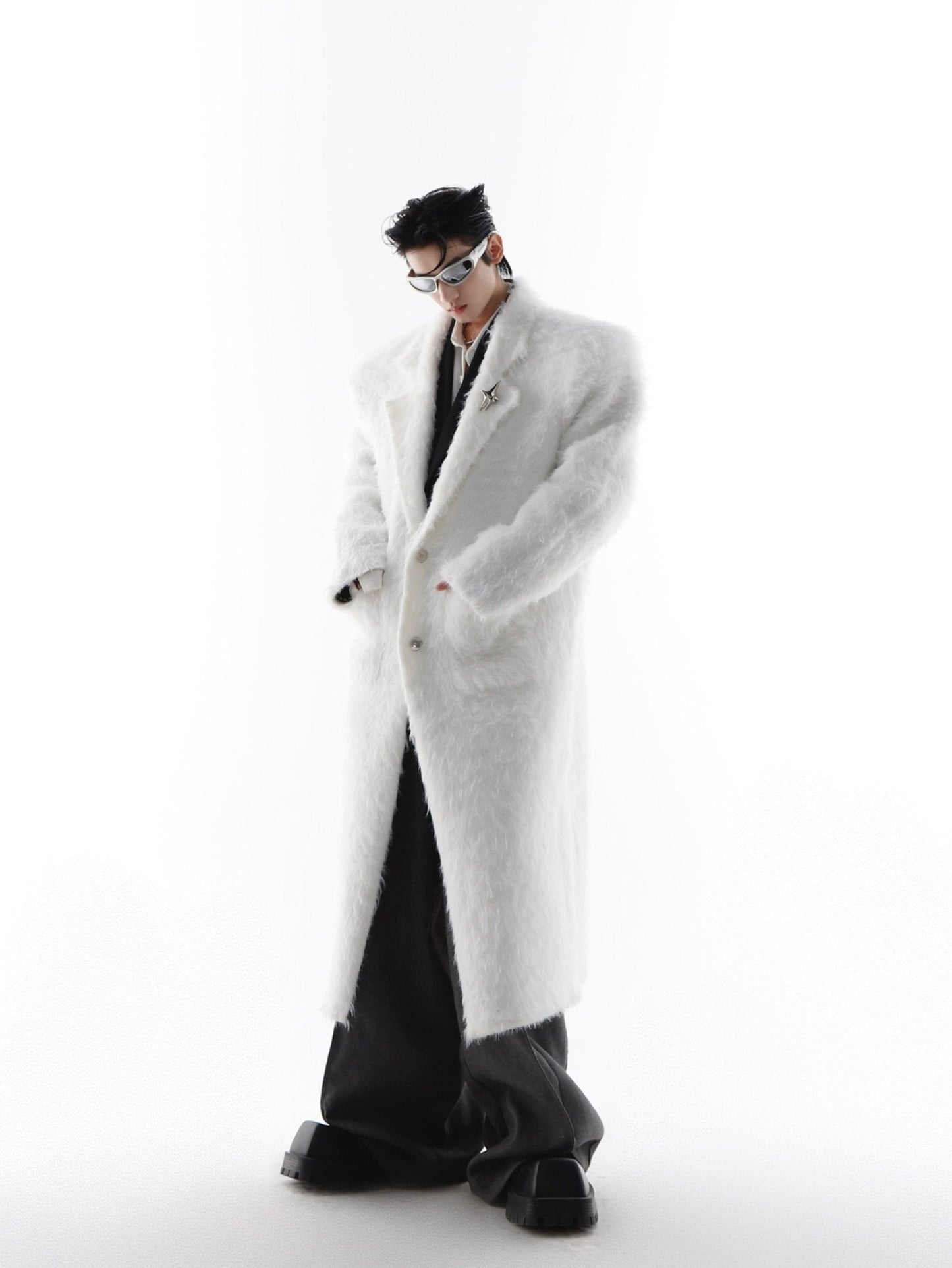 Faux Mink Fur Padded Shoulder Overcoat | Luxurious Longline White Trench