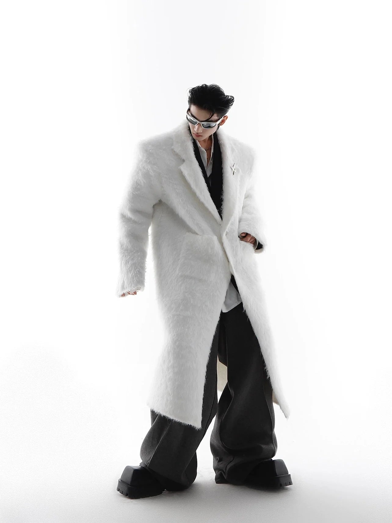 Faux Mink Fur Padded Shoulder Overcoat | Luxurious Longline White Trench