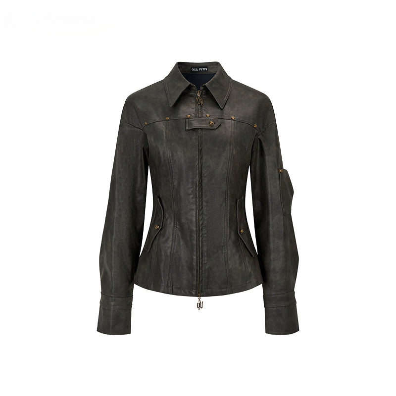 Dark Brown Studded PU Leather Jacket