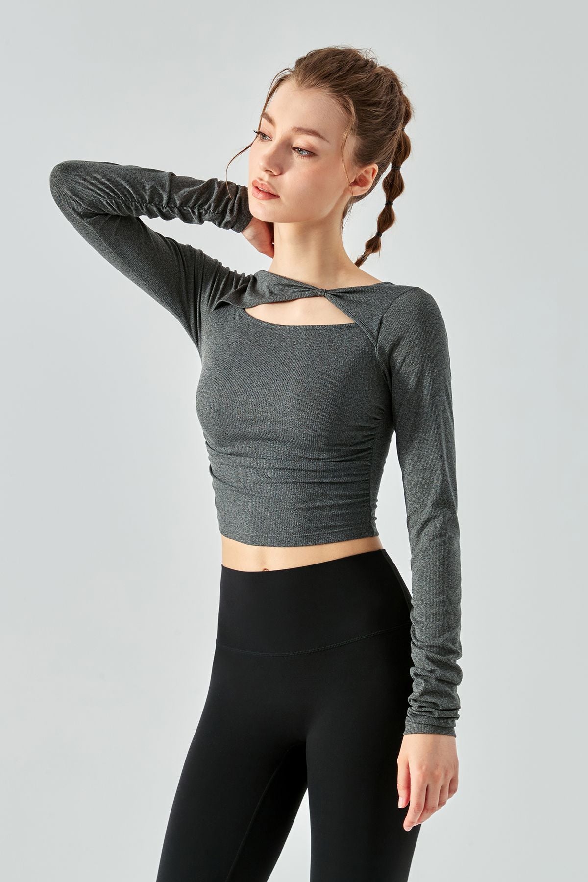 Ribbed Knit Long Sleeve Cutout Front Tops