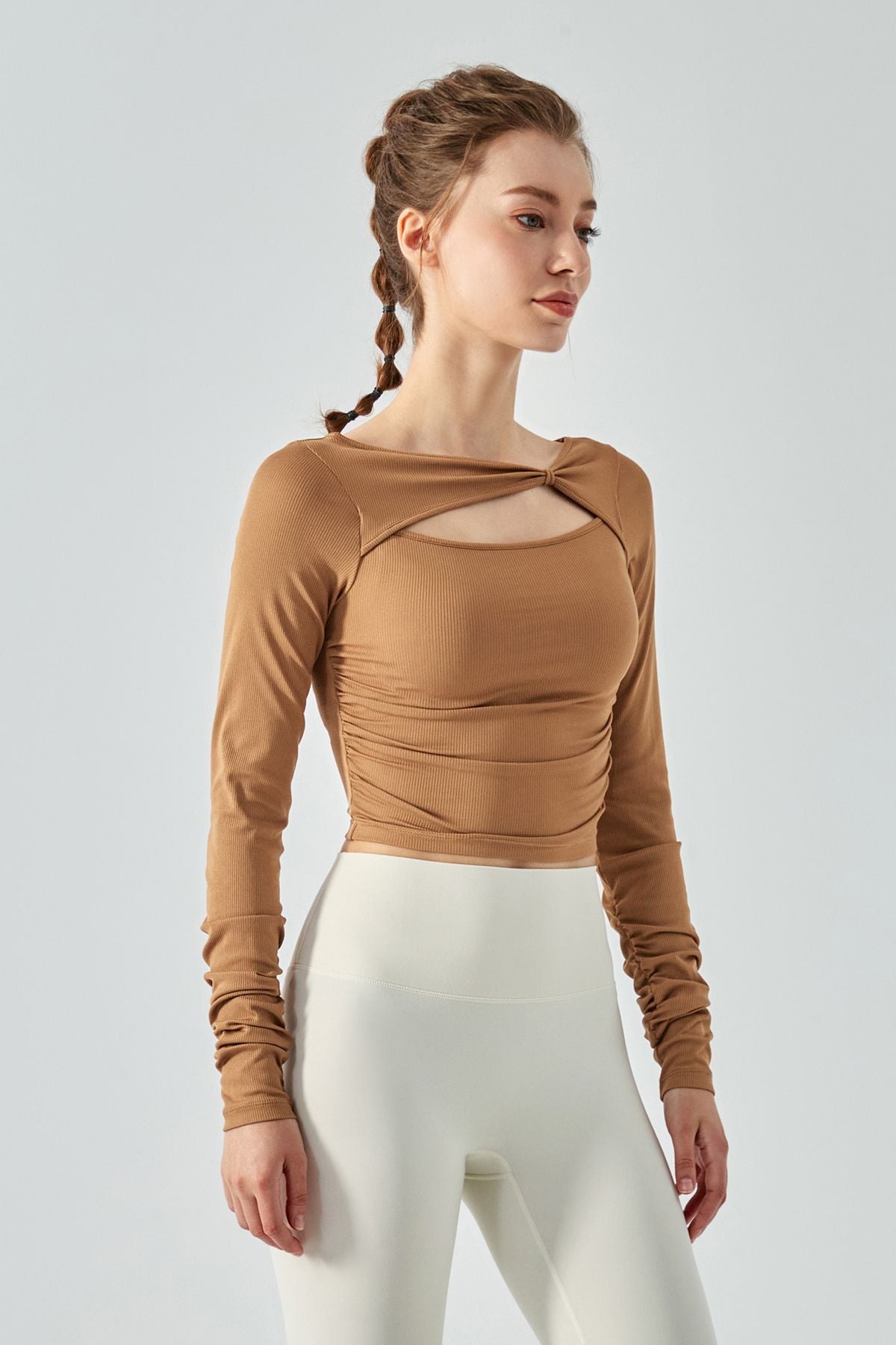 Ribbed Knit Long Sleeve Cutout Front Tops