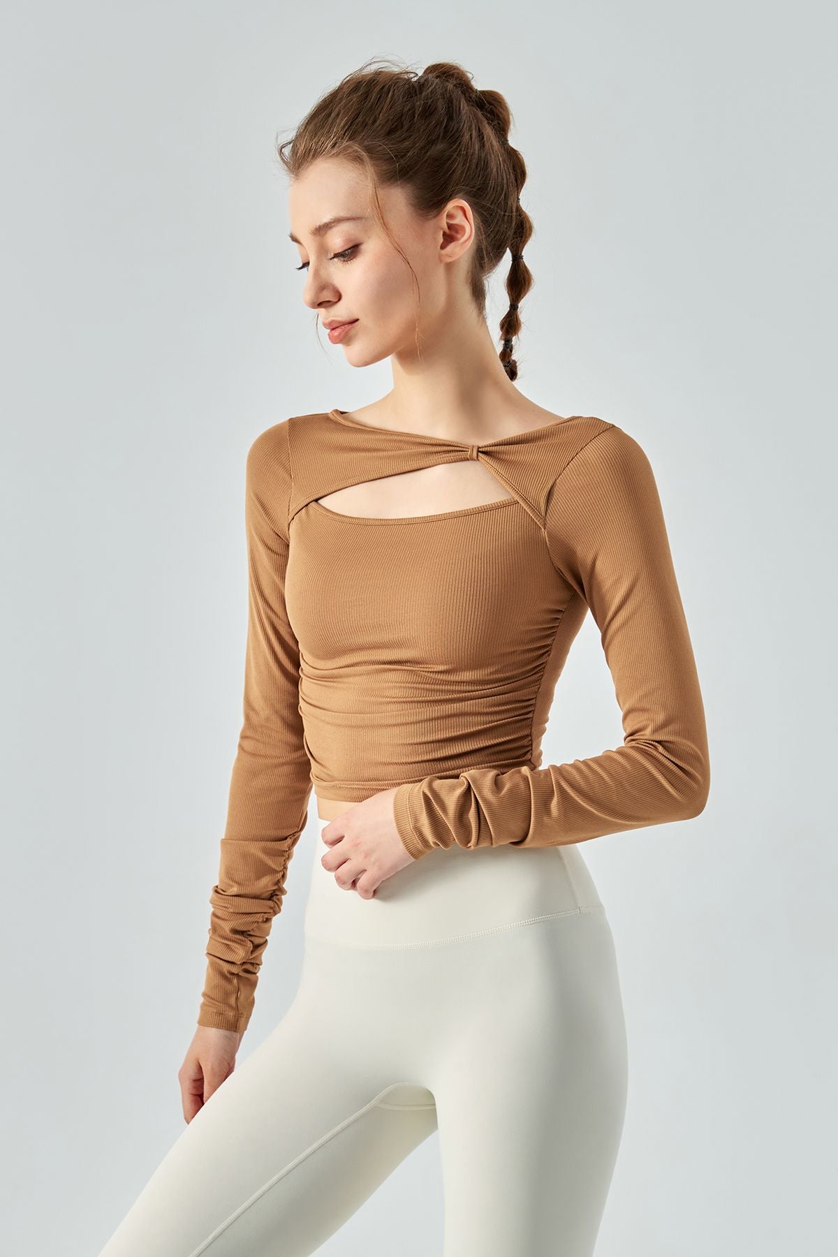 Ribbed Knit Long Sleeve Cutout Front Tops