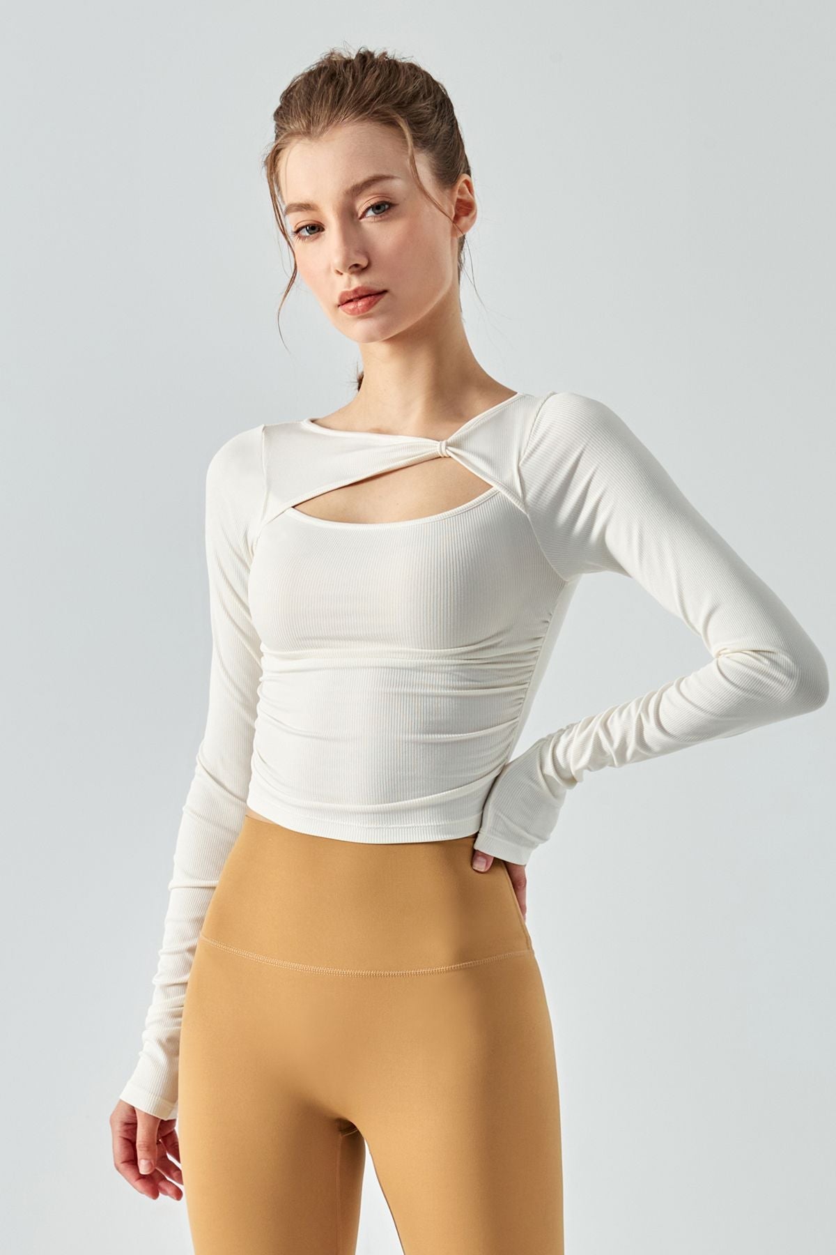 Ribbed Knit Long Sleeve Cutout Front Tops