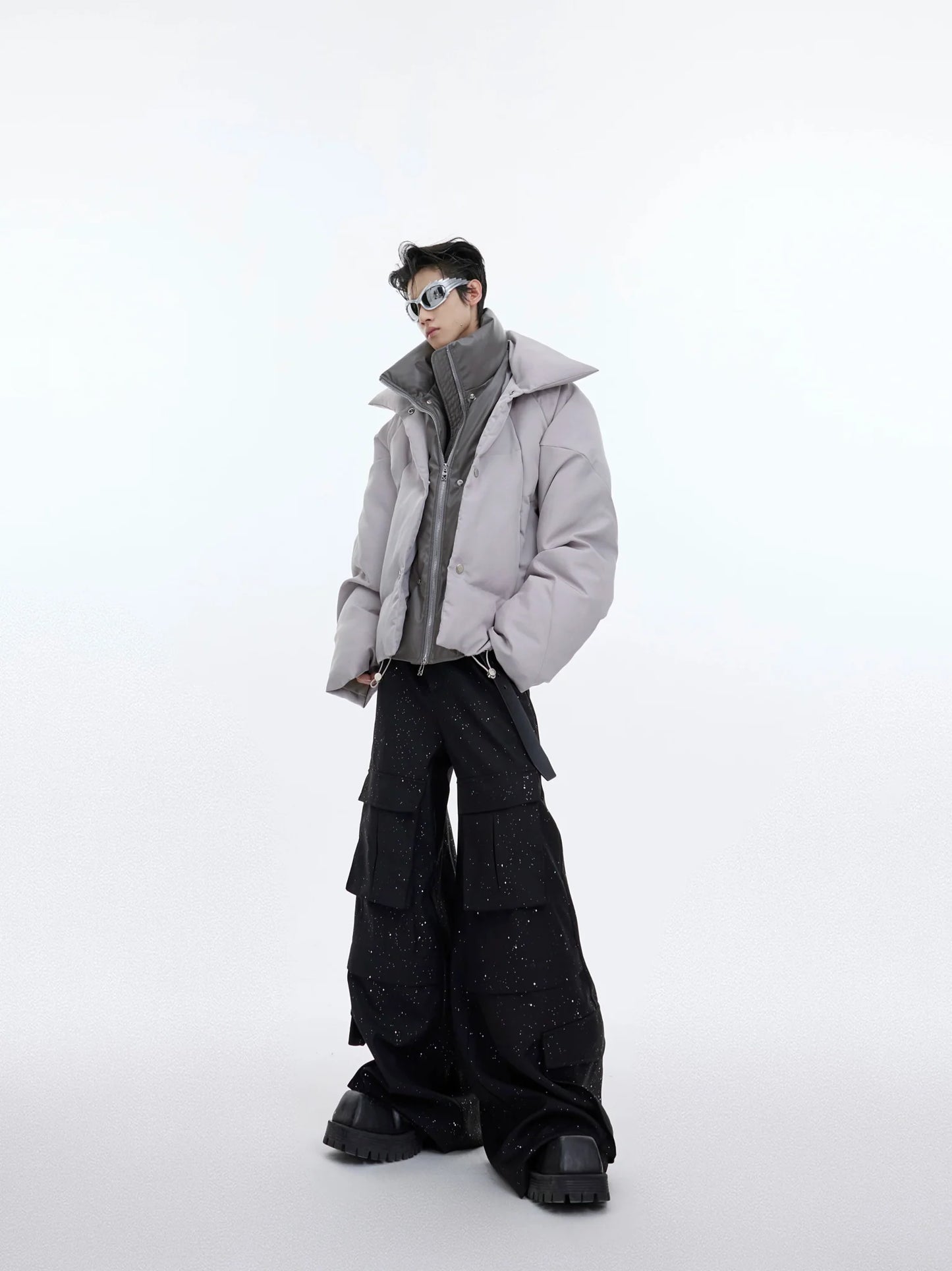 Futuristic Double-Layered Puffer Jacket | Metallic Button Deconstructed Coat