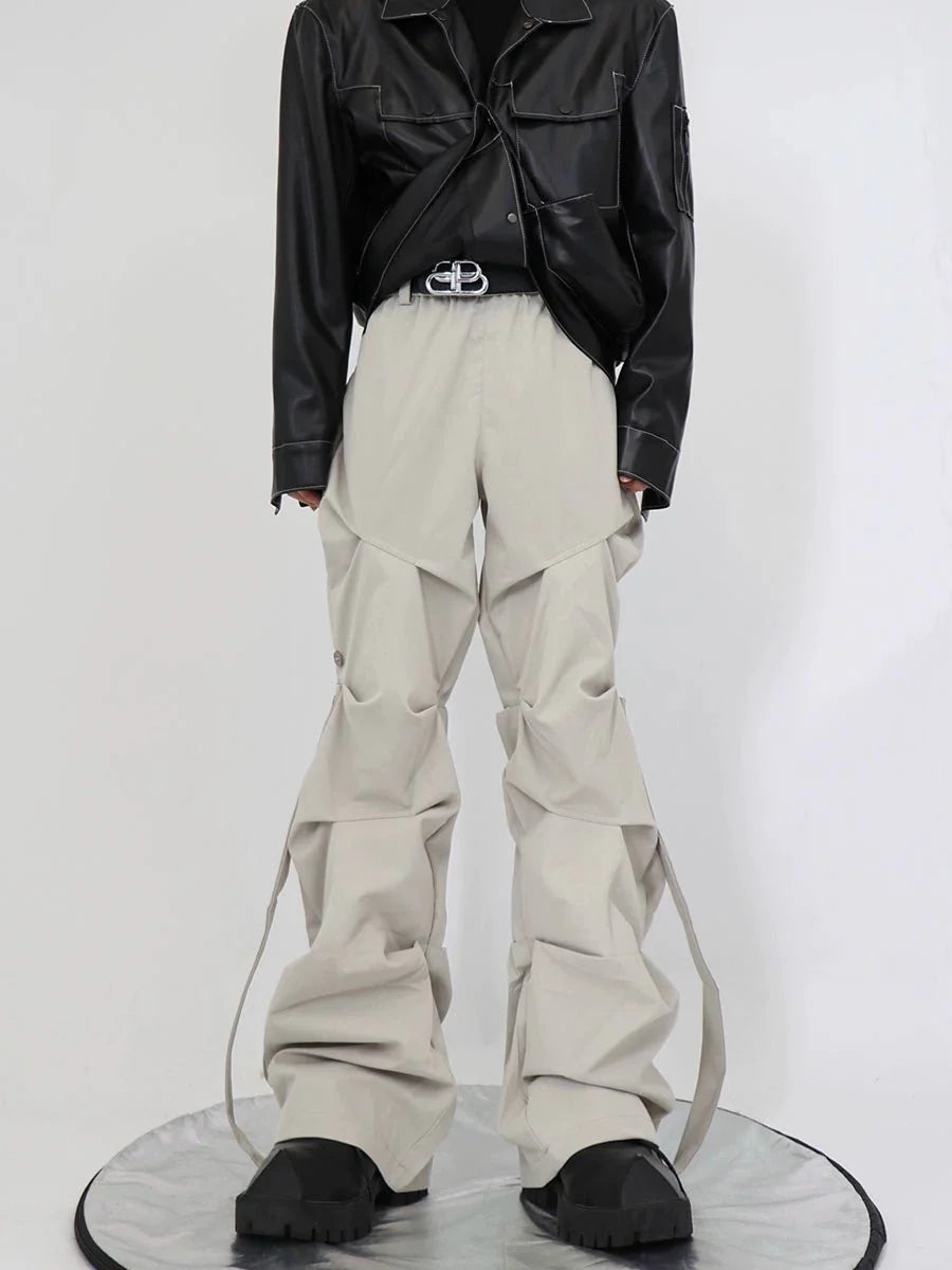 Gothic Pleated Cargo Pants with Streamer Detail in Wide-Leg Design