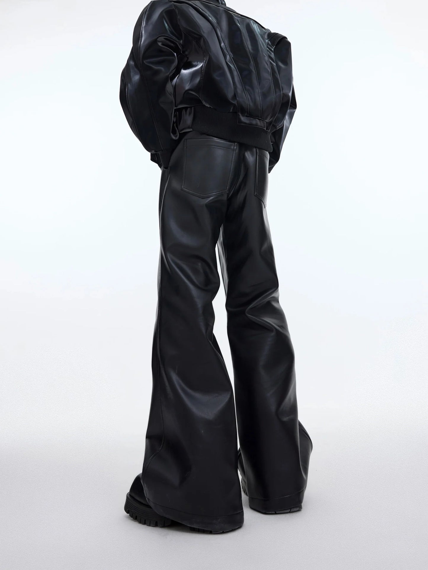 High-Waist Matte Faux Leather Flared Pants | Punk Casual Trousers