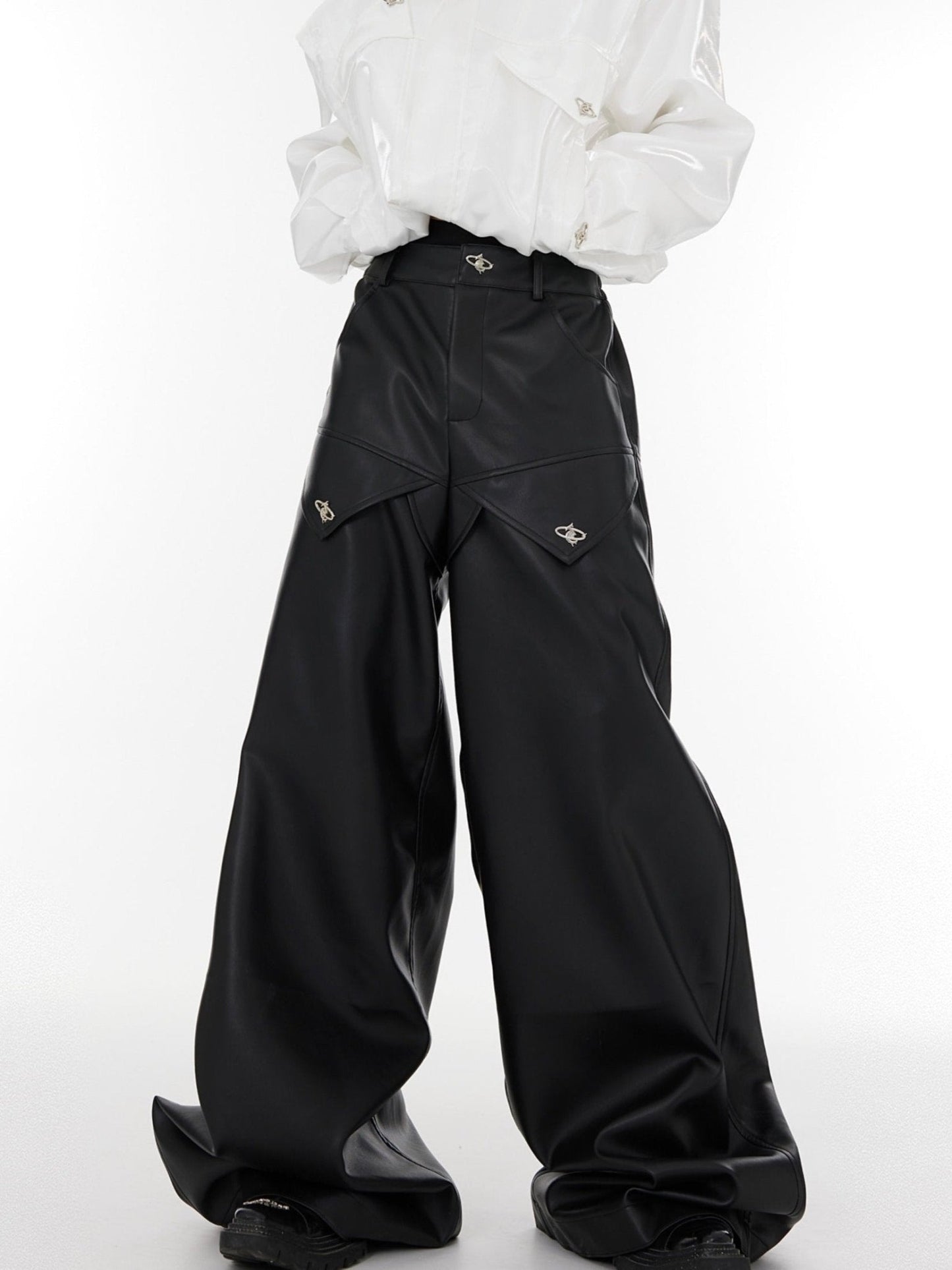 High-Waist Wide-Leg Leather Pants | Patchwork Metal Button Detailing