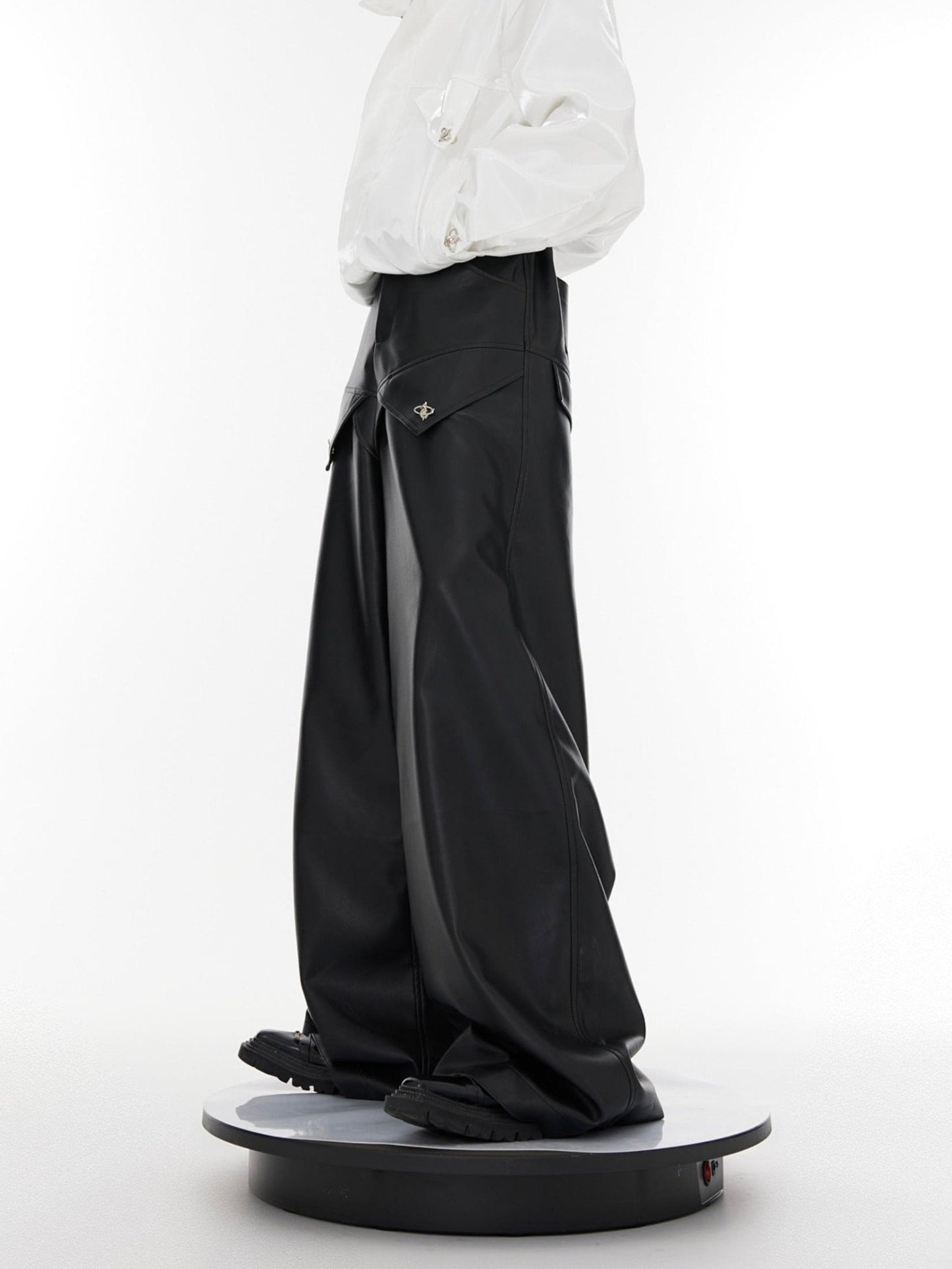 High-Waist Wide-Leg Leather Pants | Patchwork Metal Button Detailing