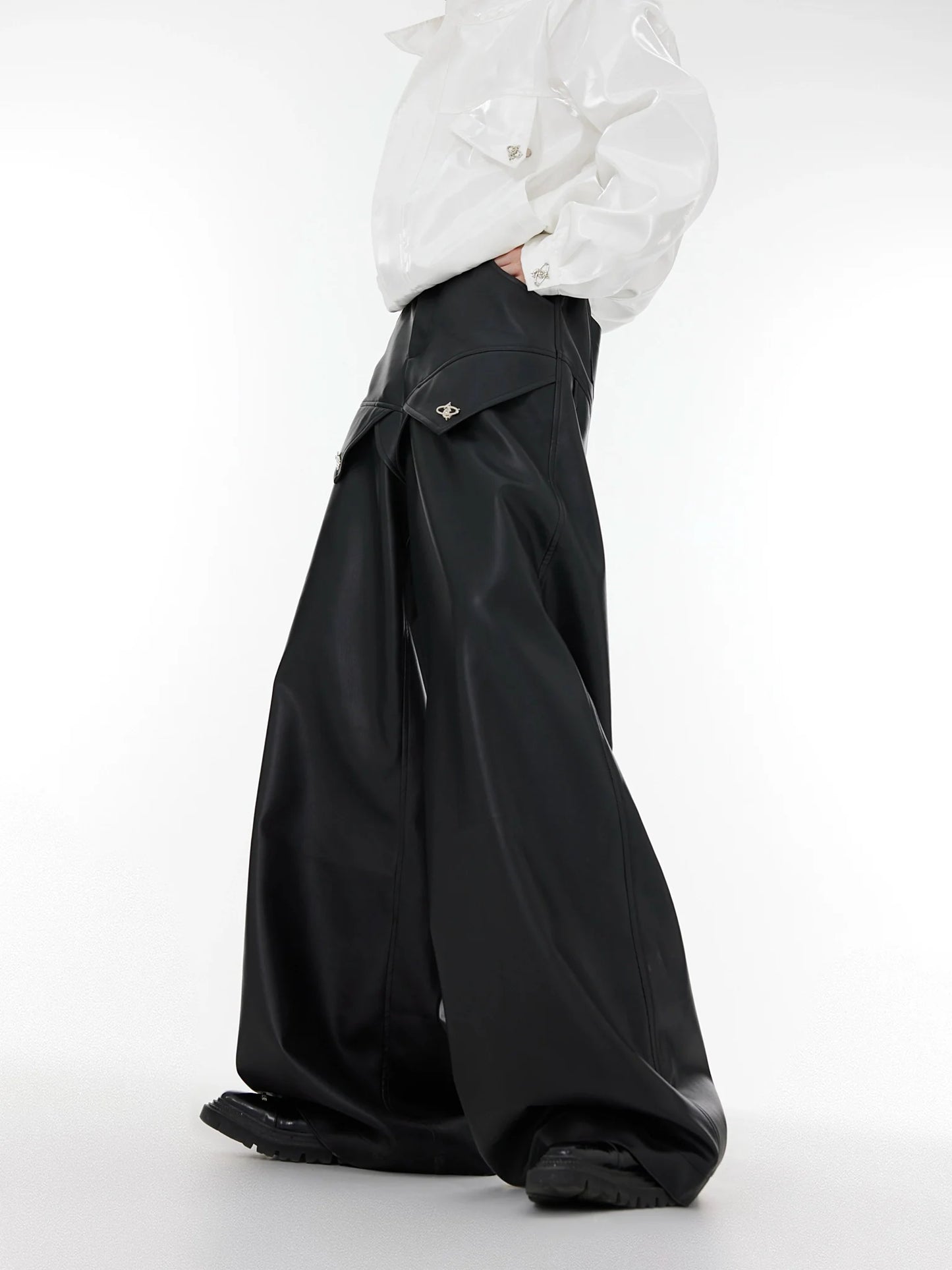 High-Waist Wide-Leg Leather Pants | Patchwork Metal Button Detailing