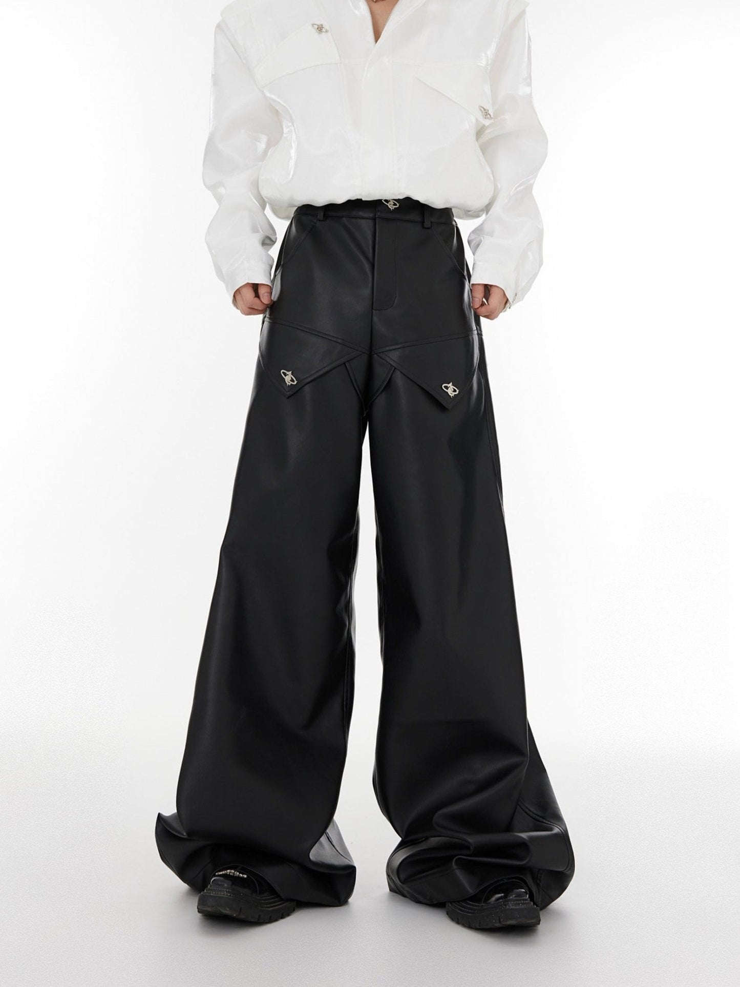 High-Waist Wide-Leg Leather Pants | Patchwork Metal Button Detailing