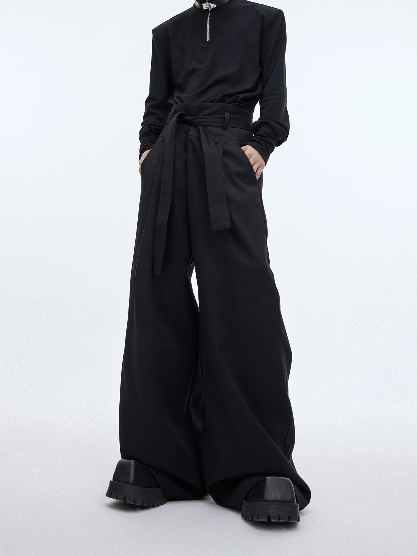 High-Waisted Casual Suit Pants with Tie Design: Versatile and Stylish