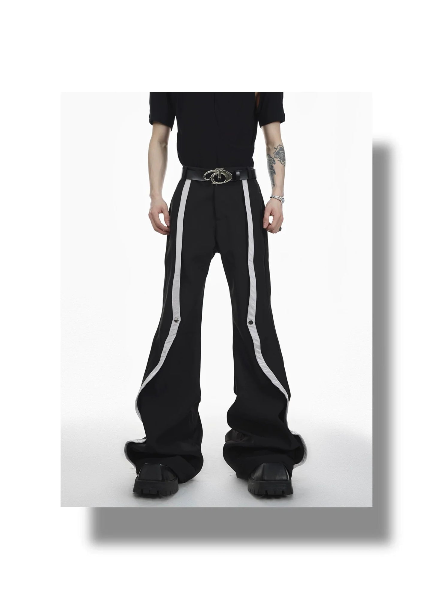 High-Waisted Flared Pants with Spliced Line and Metal Embellished