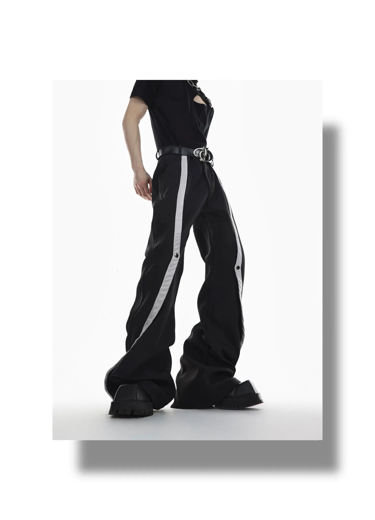 High-Waisted Flared Pants with Spliced Line and Metal Embellished