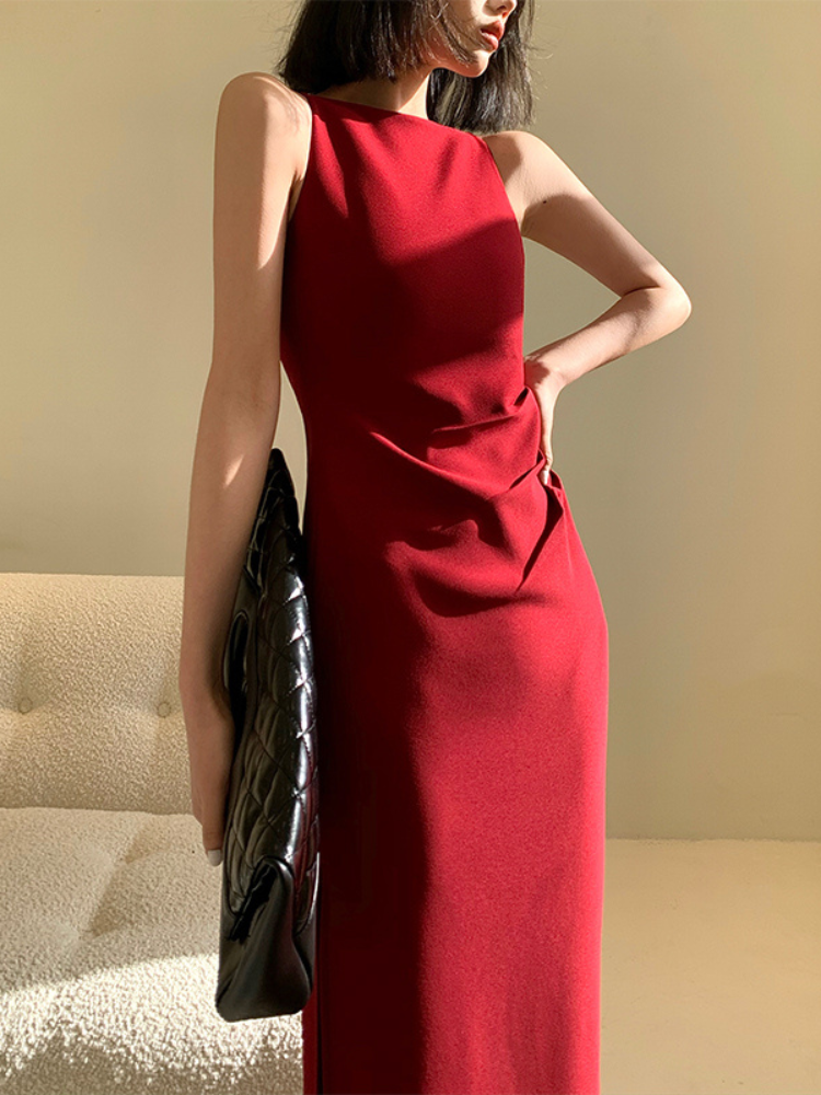 Asymmetrical Knit Pleated One-Shoulder Slit Dress