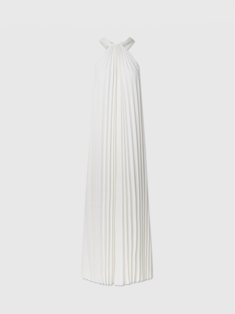 Elegant White Pleated Halter A-line Dress