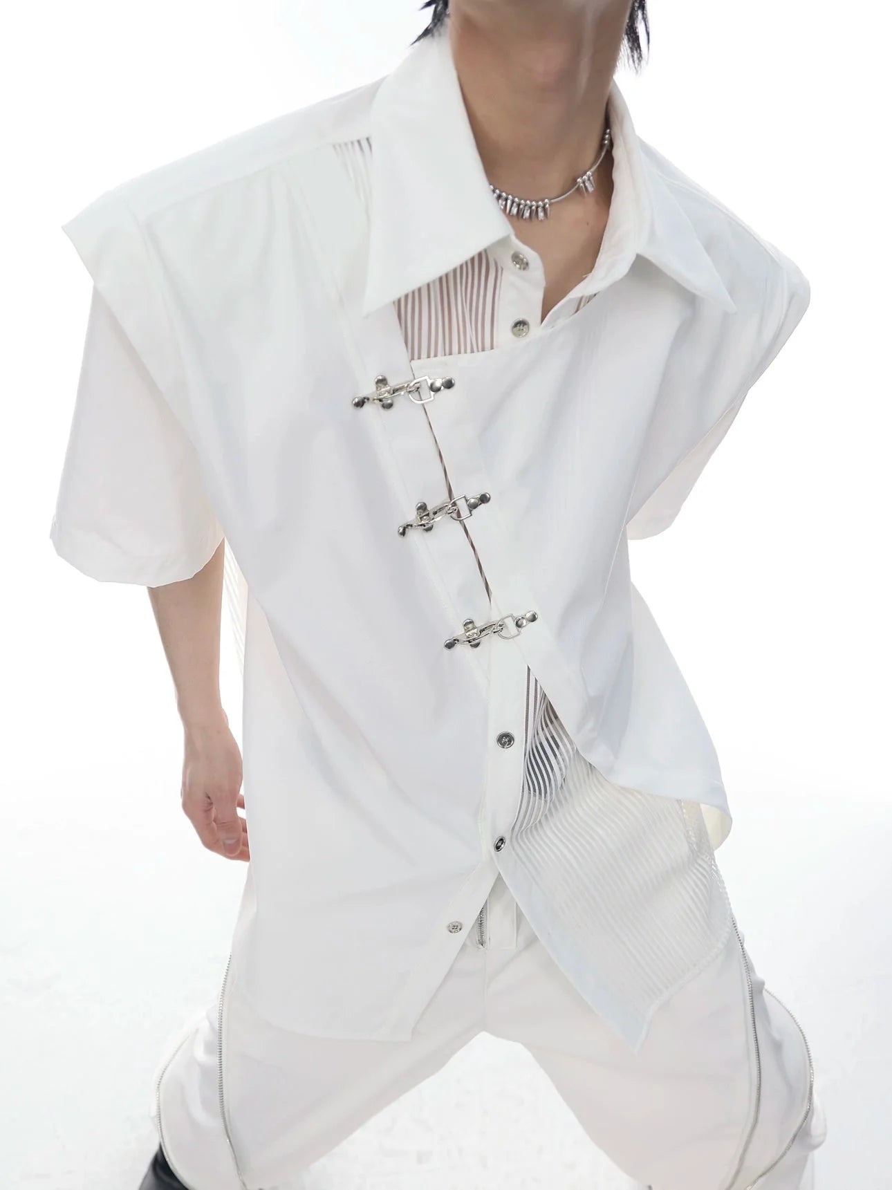 Innovative Asymmetrical Mesh Double-Layer Shirt with Metal Airplane Clasp