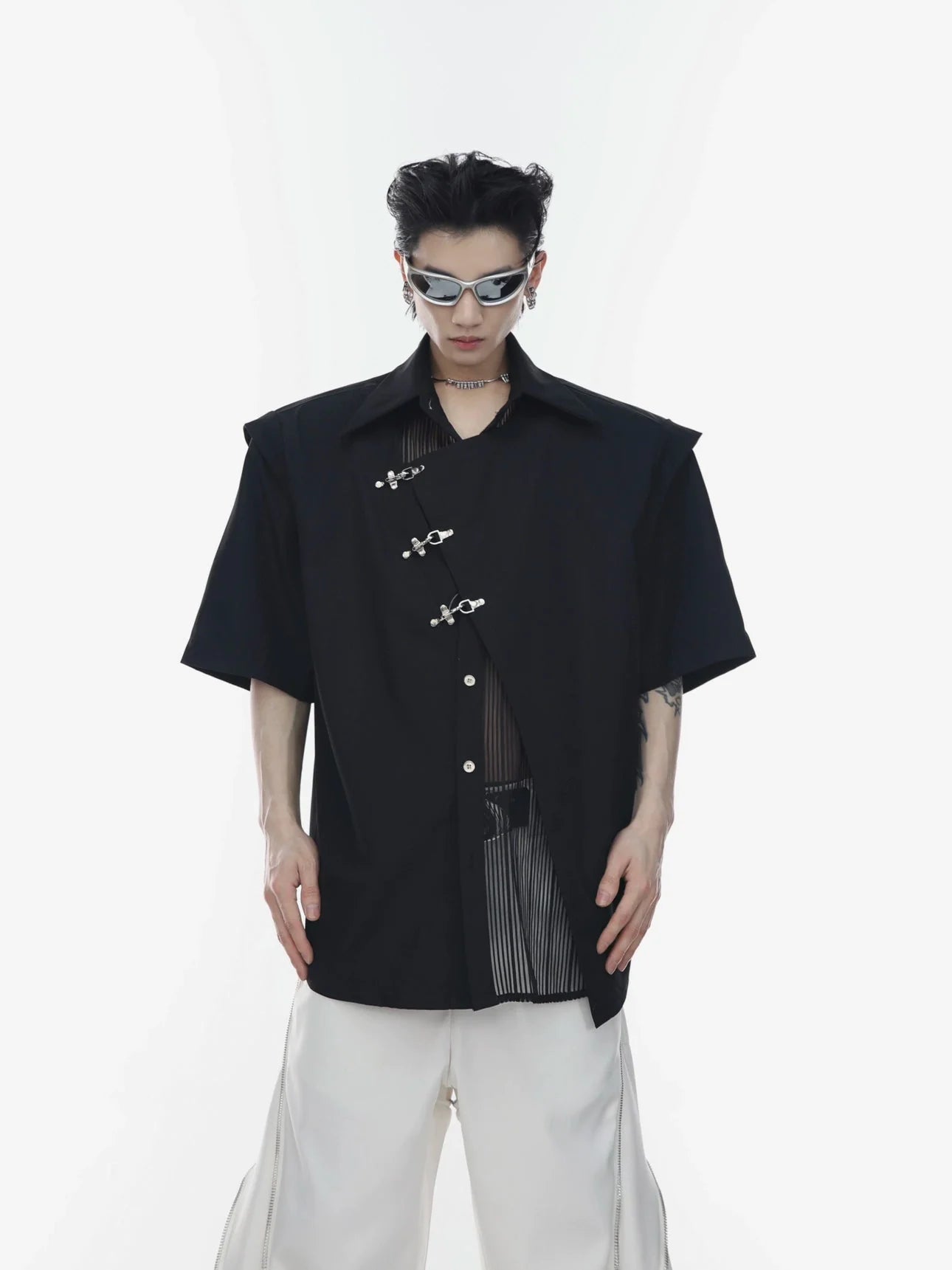 Innovative Asymmetrical Mesh Double-Layer Shirt with Metal Airplane Clasp