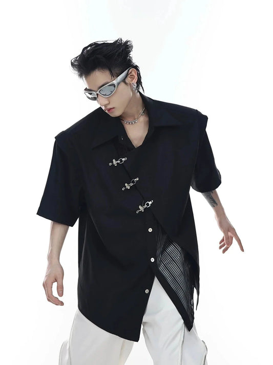 Innovative Asymmetrical Mesh Double-Layer Shirt with Metal Airplane Clasp