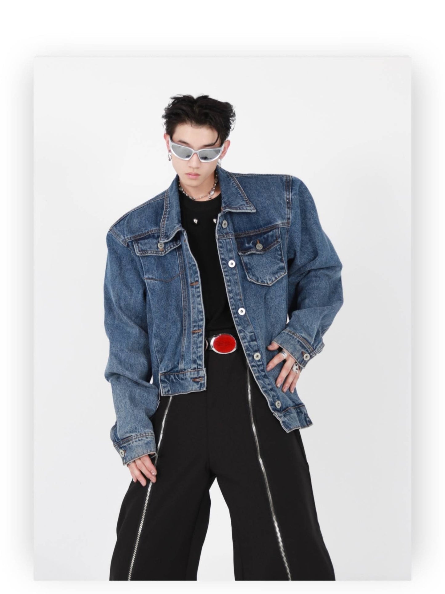 Irregular Design Padded Shoulder Denim Jacket | High-End Punk Style Short Coat