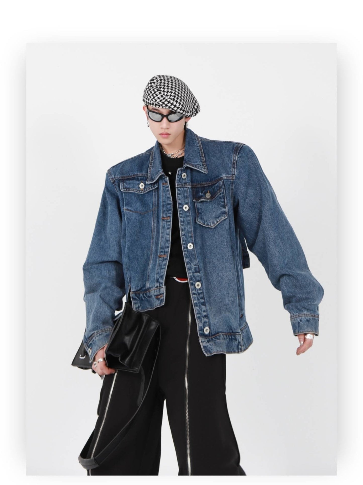 Irregular Design Padded Shoulder Denim Jacket | High-End Punk Style Short Coat