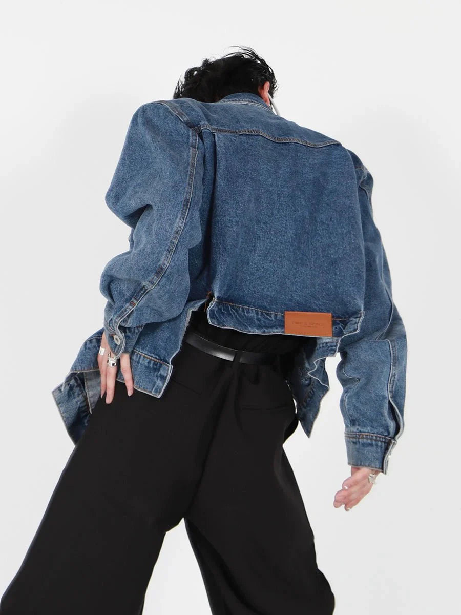 Irregular Design Padded Shoulder Denim Jacket | High-End Punk Style Short Coat