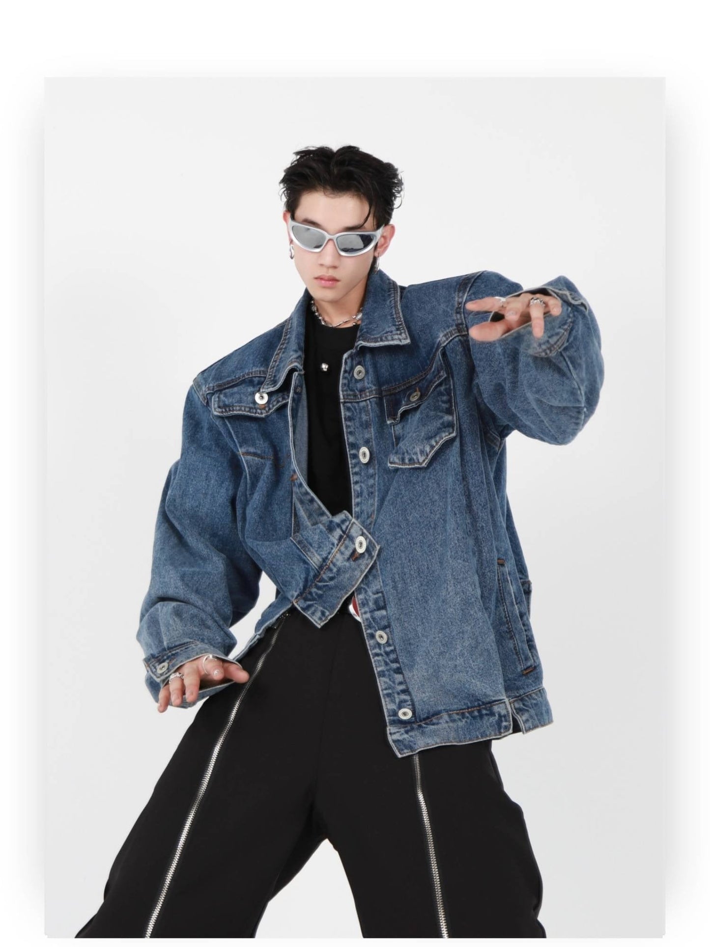 Irregular Design Padded Shoulder Denim Jacket | High-End Punk Style Short Coat