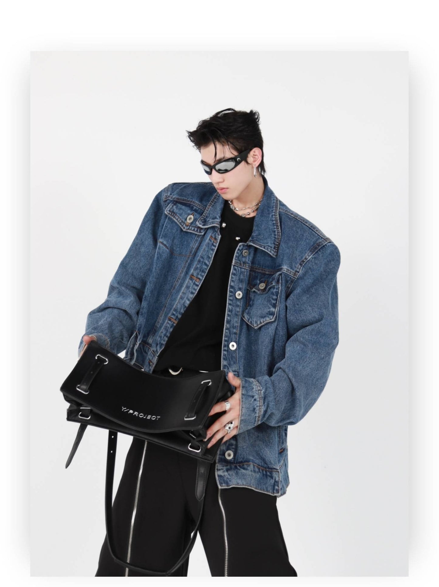 Irregular Design Padded Shoulder Denim Jacket | High-End Punk Style Short Coat