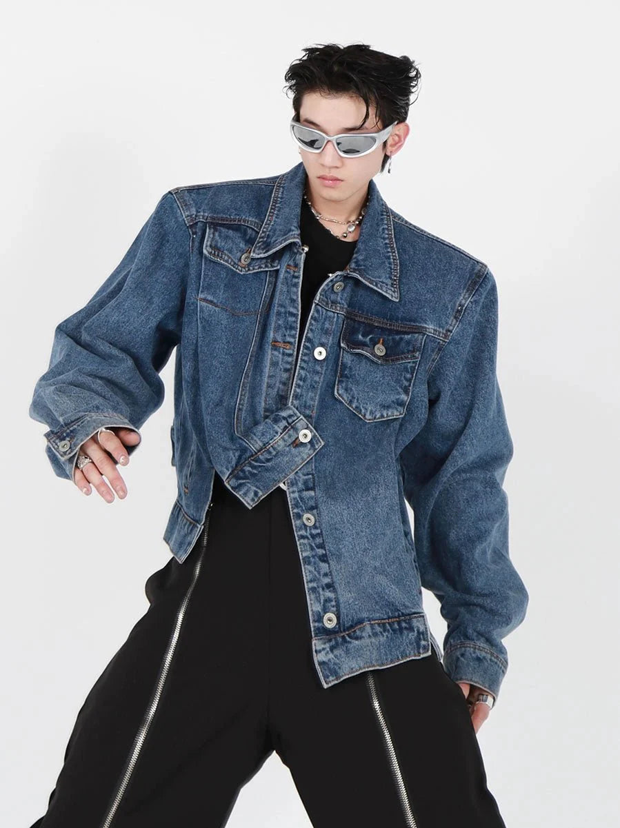 Irregular Design Padded Shoulder Denim Jacket | High-End Punk Style Short Coat