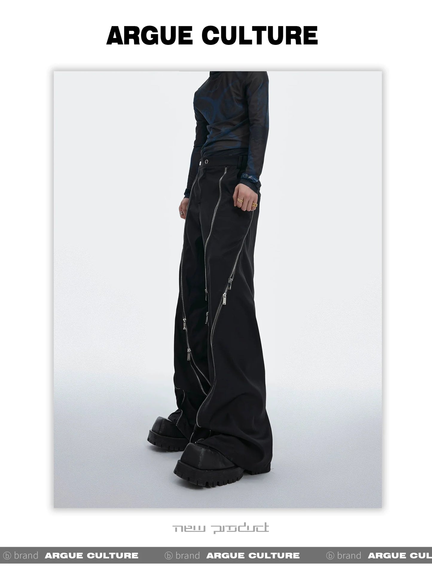 Irregular Metal Zipper Split Flare Leg Casual Pants with Patchwork