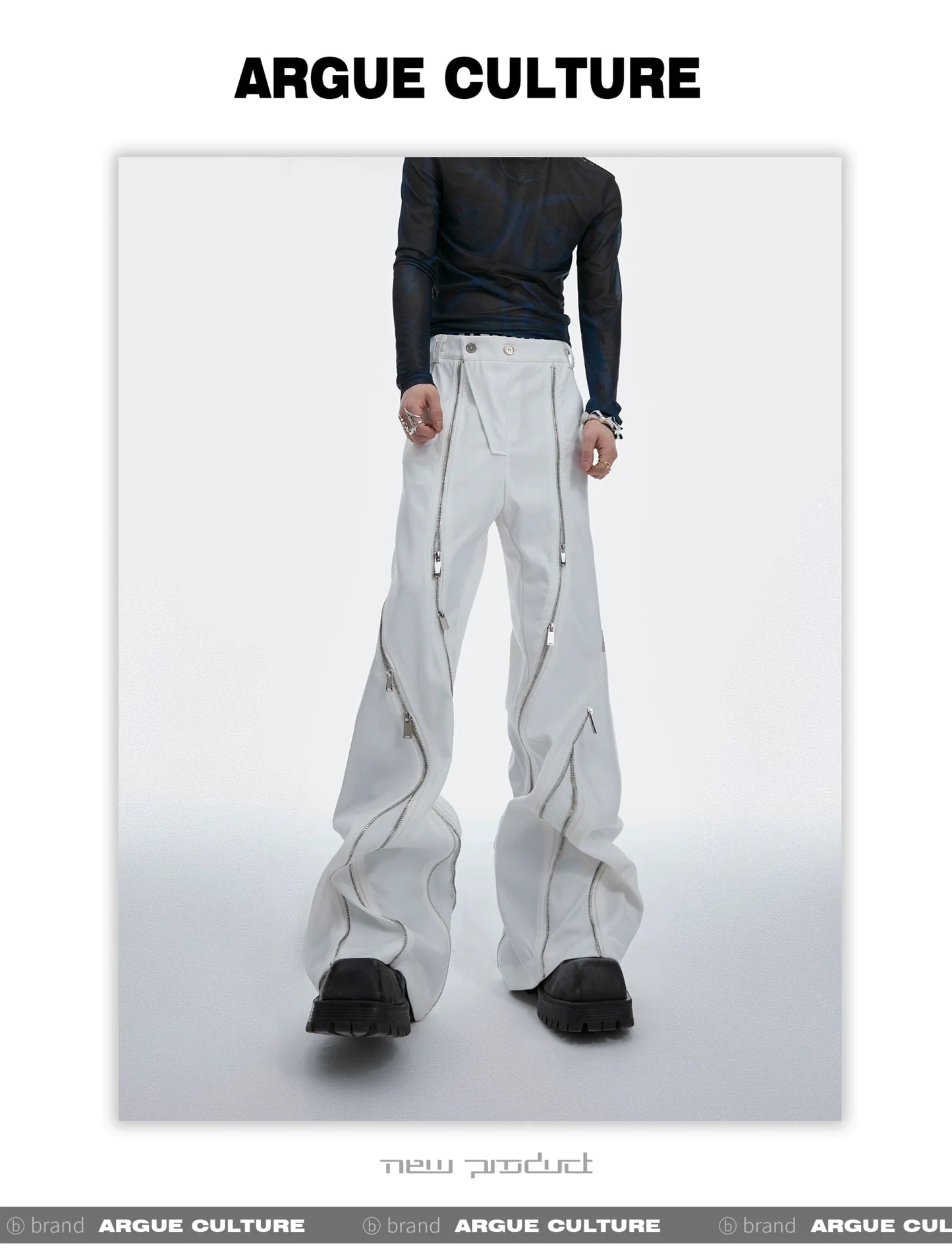 Irregular Metal Zipper Split Flare Leg Casual Pants with Patchwork