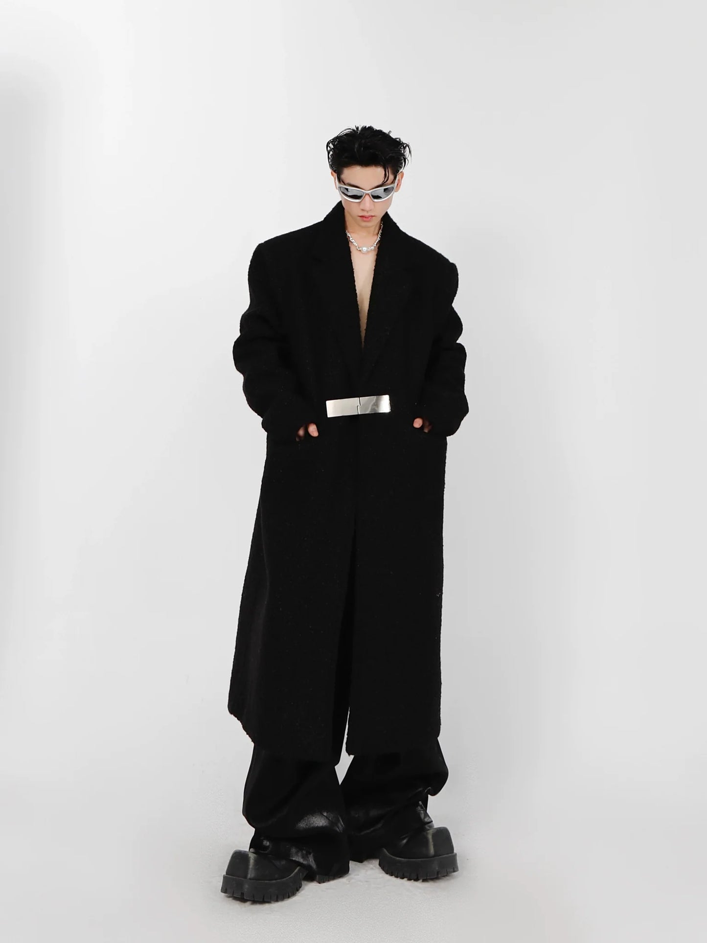 Lamb Wool Designer Overcoat | Metal Buckle Long Woolen Trench Coat