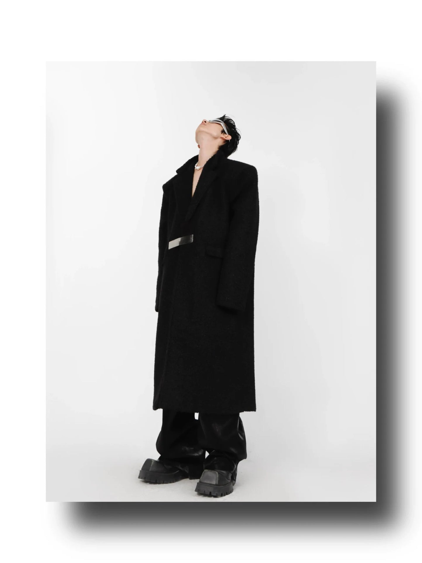 Lamb Wool Designer Overcoat | Metal Buckle Long Woolen Trench Coat
