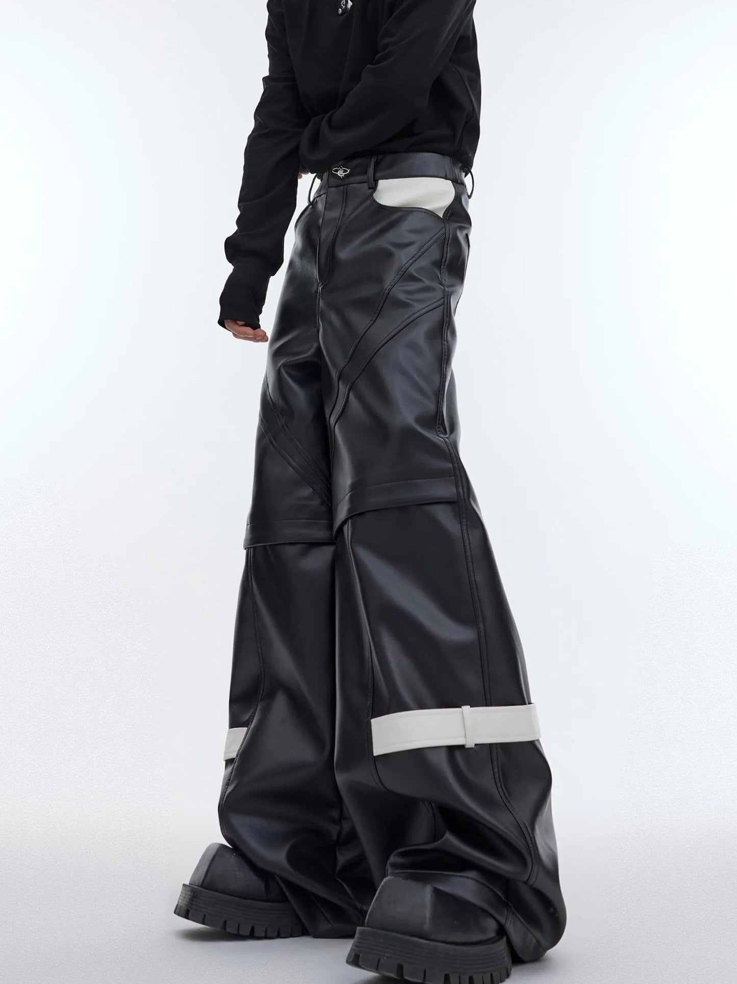 Lines Matte Faux Leather Pants | Belted Patchwork Wide-Leg Trousers
