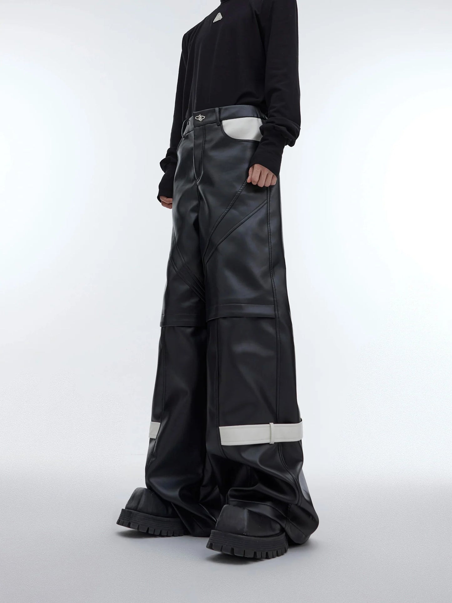 Lines Matte Faux Leather Pants | Belted Patchwork Wide-Leg Trousers