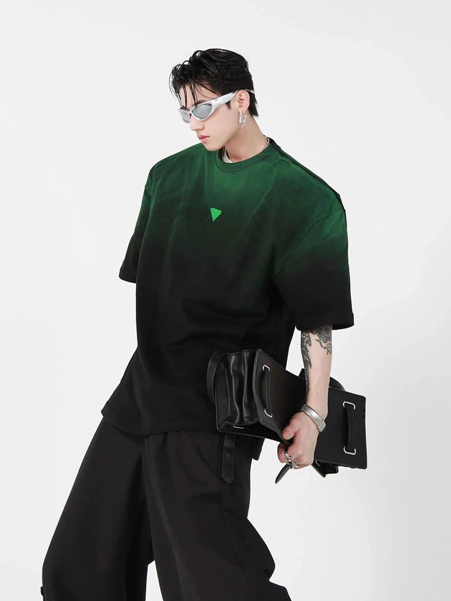 Loose Fit Black-Green Gradient Cotton T-Shirt with Geometric Print