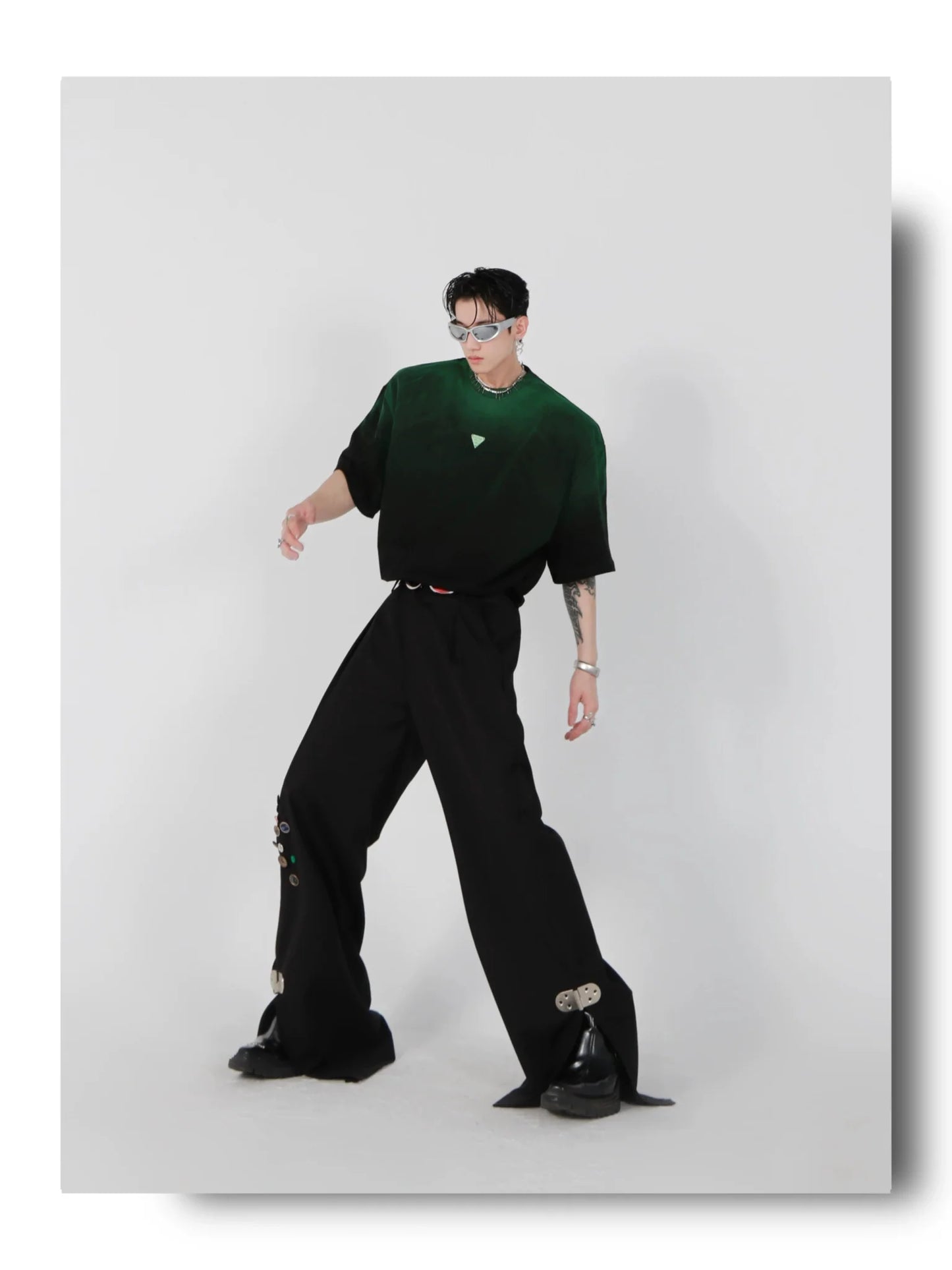 Loose Fit Black-Green Gradient Cotton T-Shirt with Geometric Print