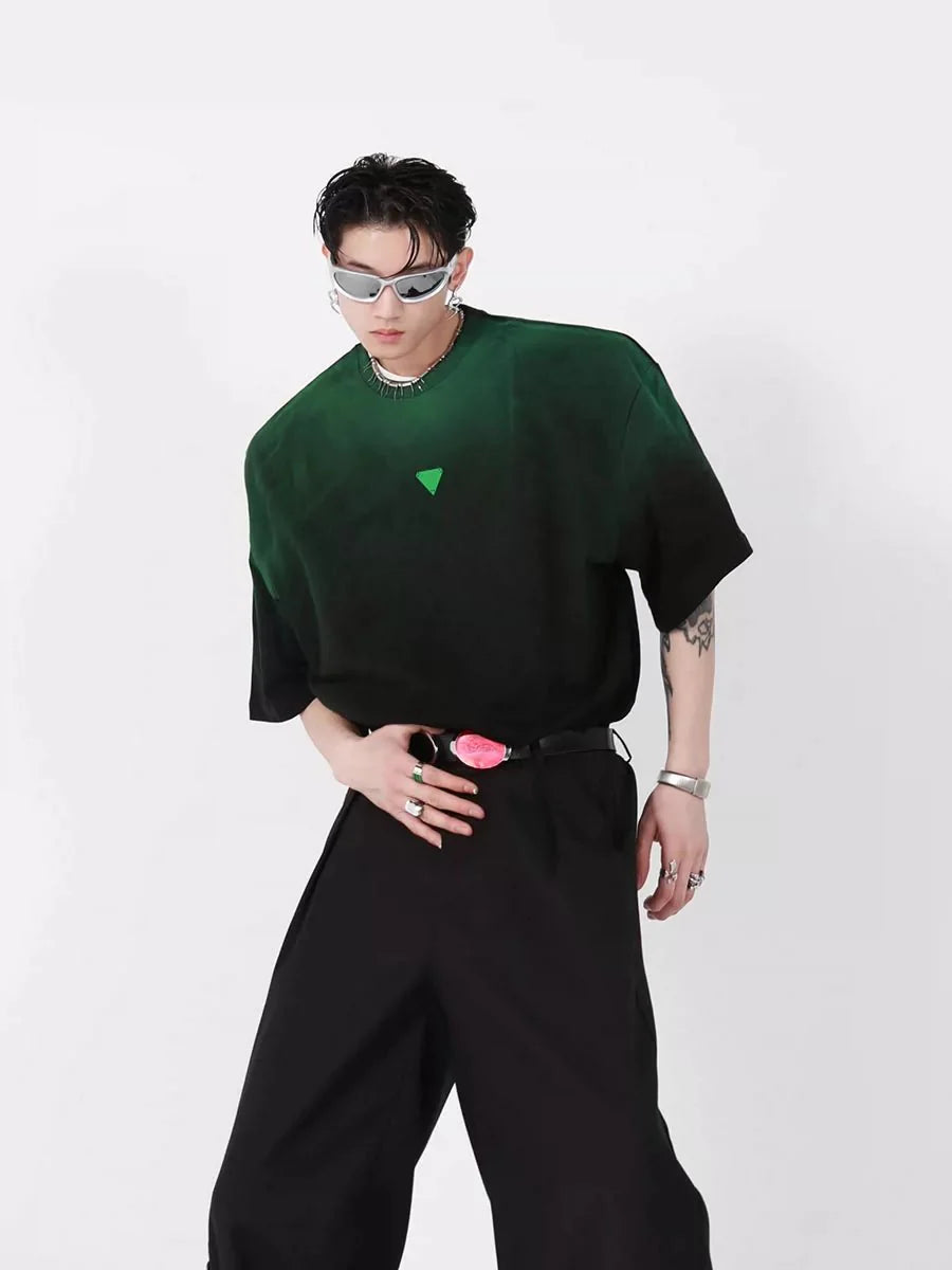 Loose Fit Black-Green Gradient Cotton T-Shirt with Geometric Print