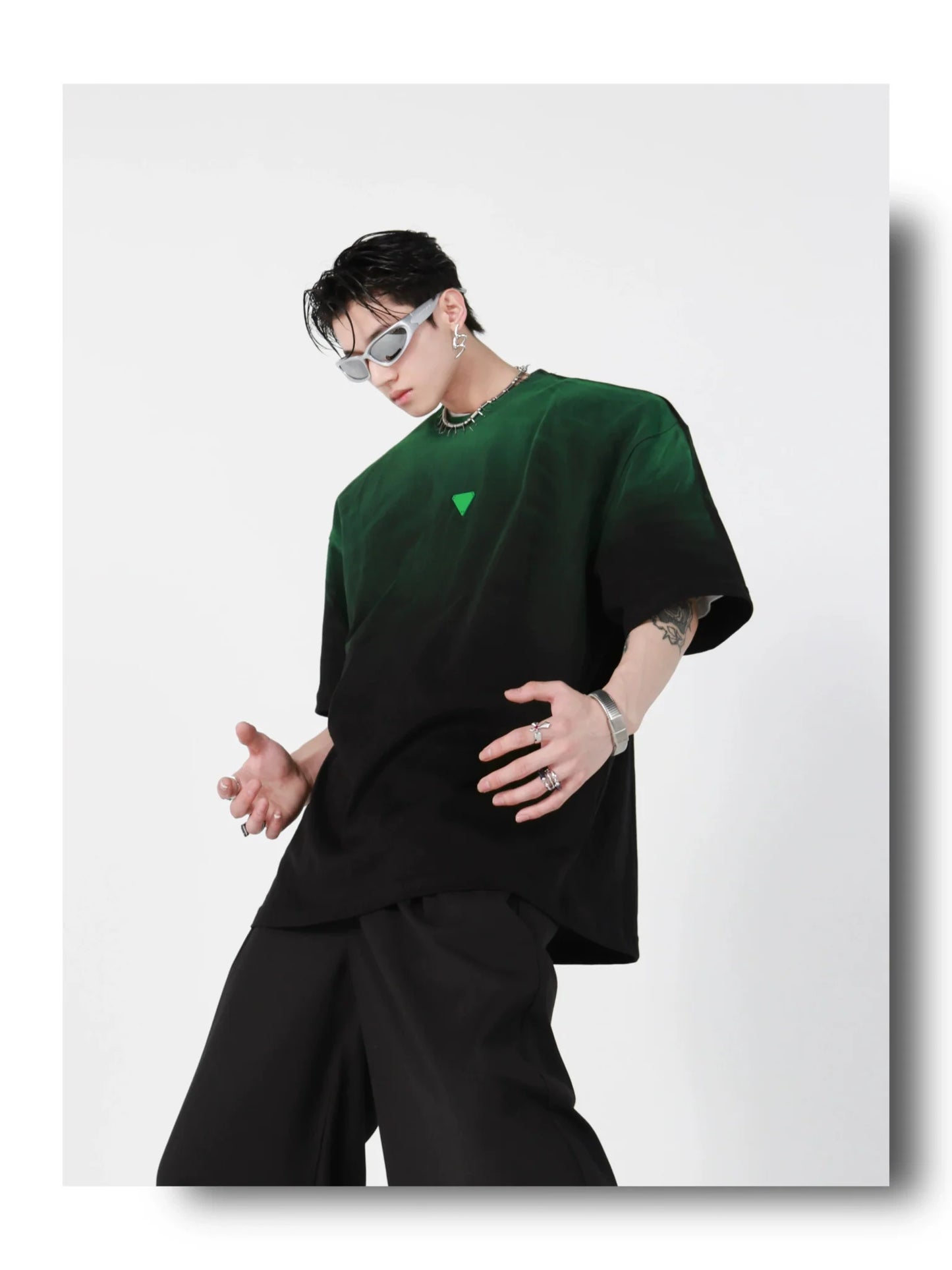 Loose Fit Black-Green Gradient Cotton T-Shirt with Geometric Print