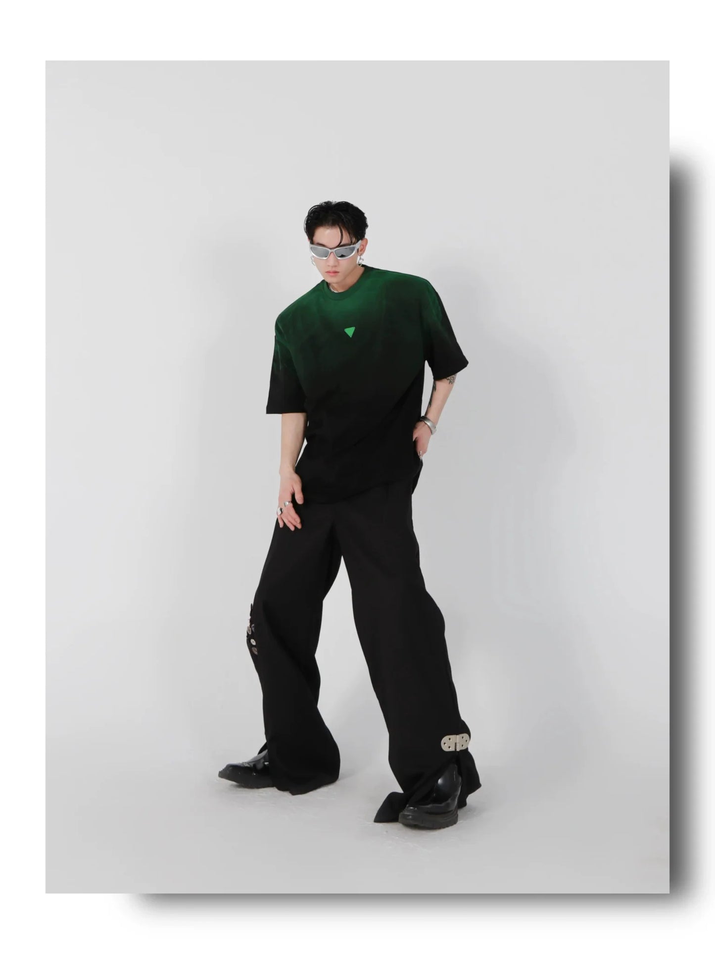 Loose Fit Black-Green Gradient Cotton T-Shirt with Geometric Print