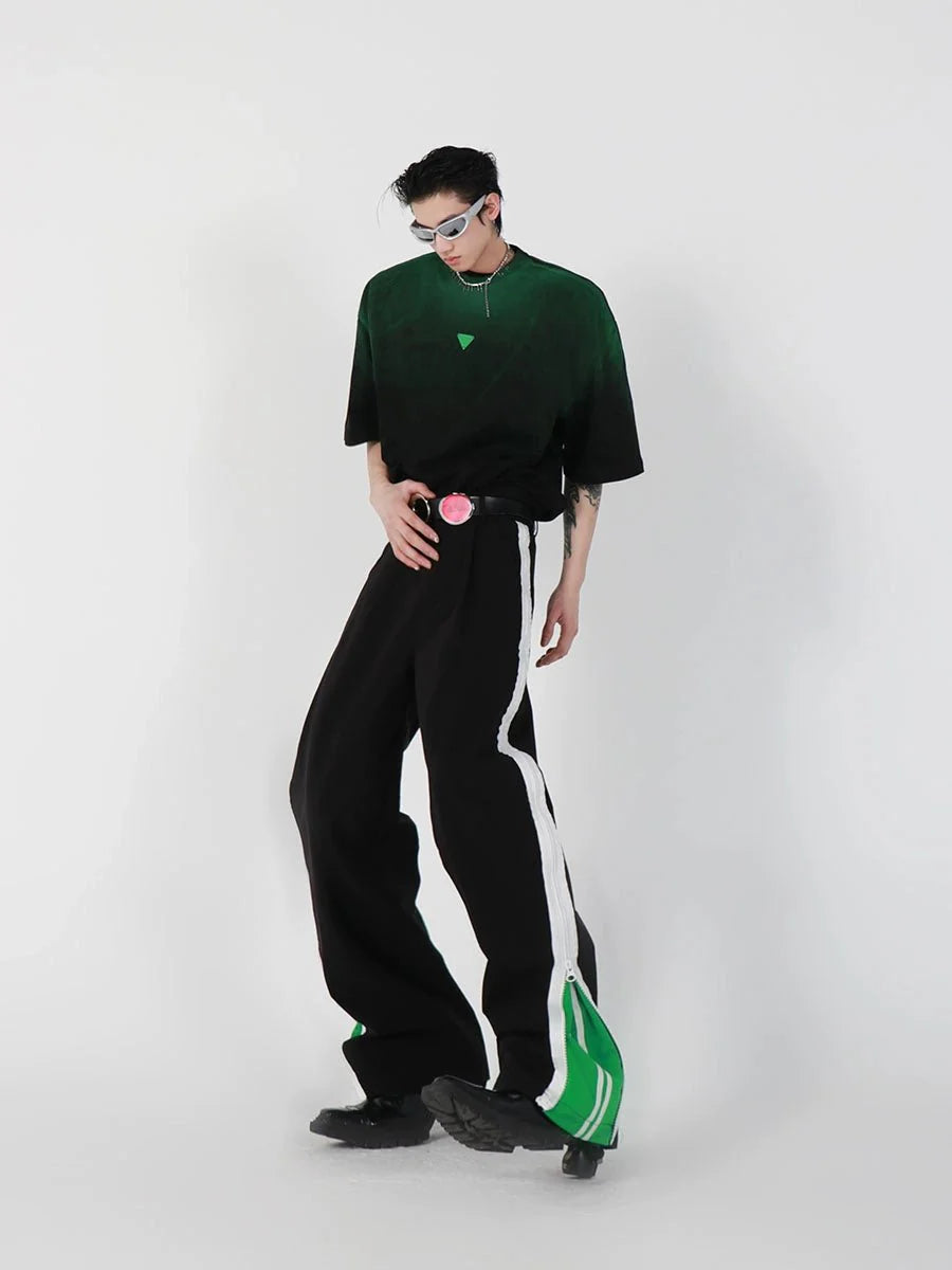 Loose Fit Black-Green Gradient Cotton T-Shirt with Geometric Print