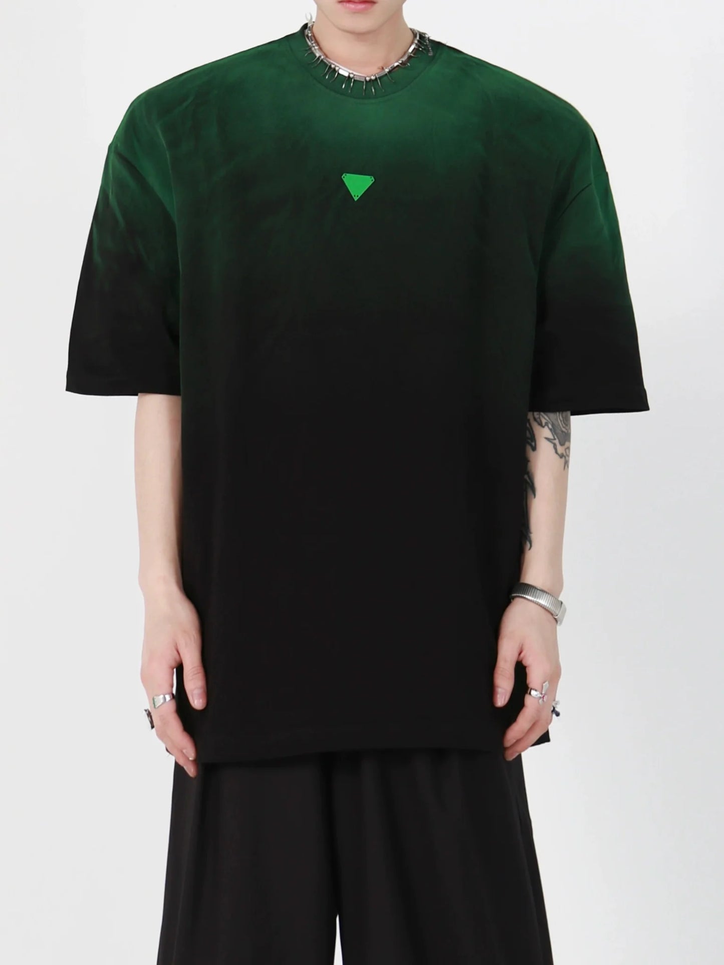 Loose Fit Black-Green Gradient Cotton T-Shirt with Geometric Print