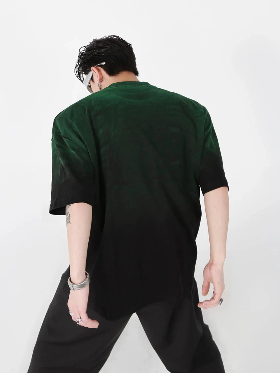 Loose Fit Black-Green Gradient Cotton T-Shirt with Geometric Print