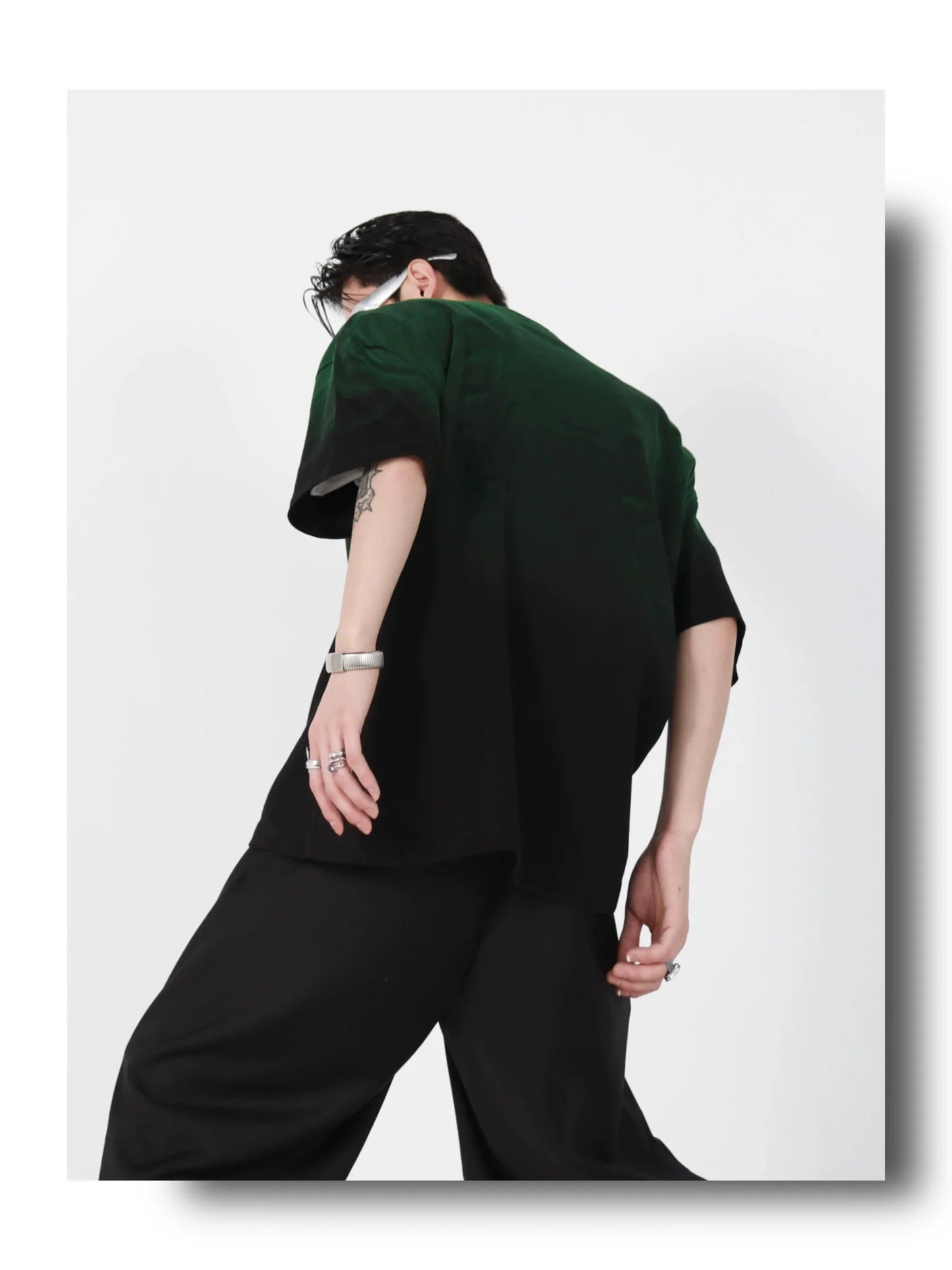 Loose Fit Black-Green Gradient Cotton T-Shirt with Geometric Print