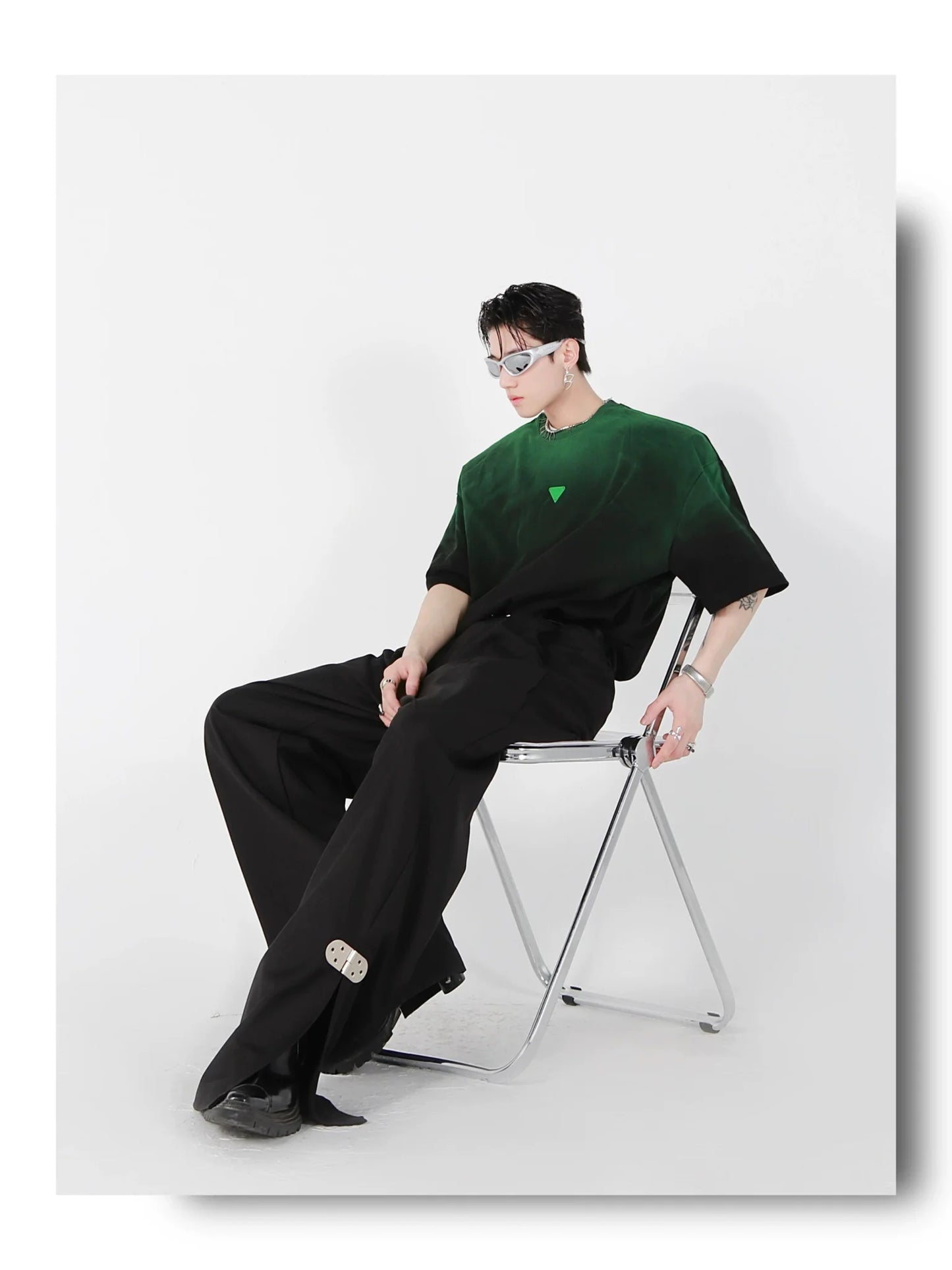 Loose Fit Black-Green Gradient Cotton T-Shirt with Geometric Print