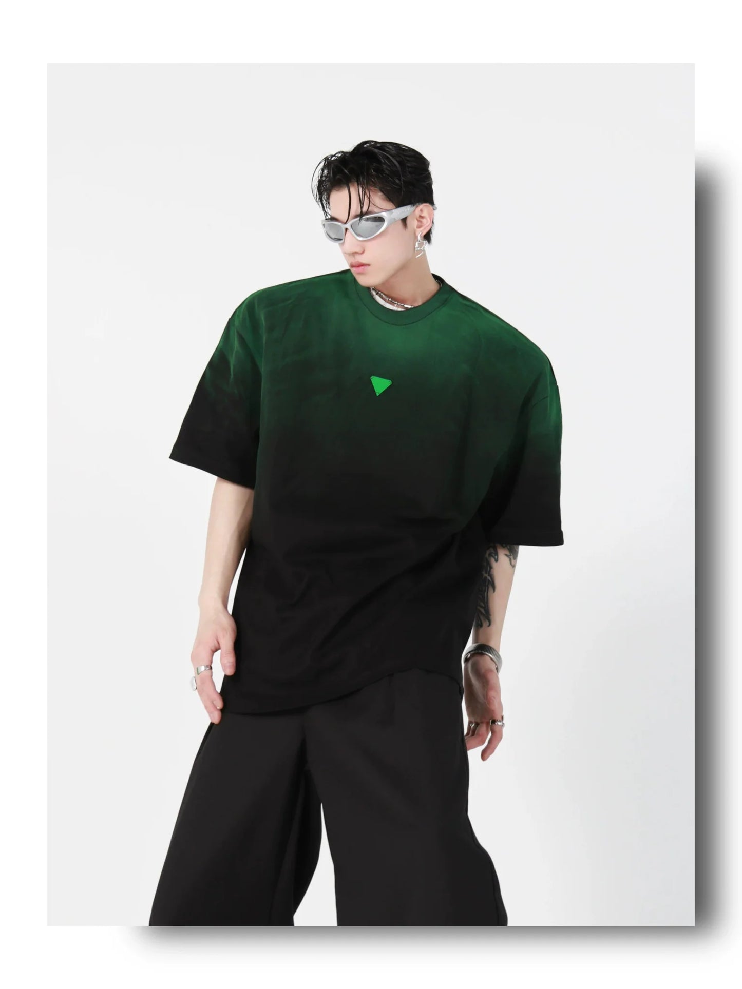 Loose Fit Black-Green Gradient Cotton T-Shirt with Geometric Print