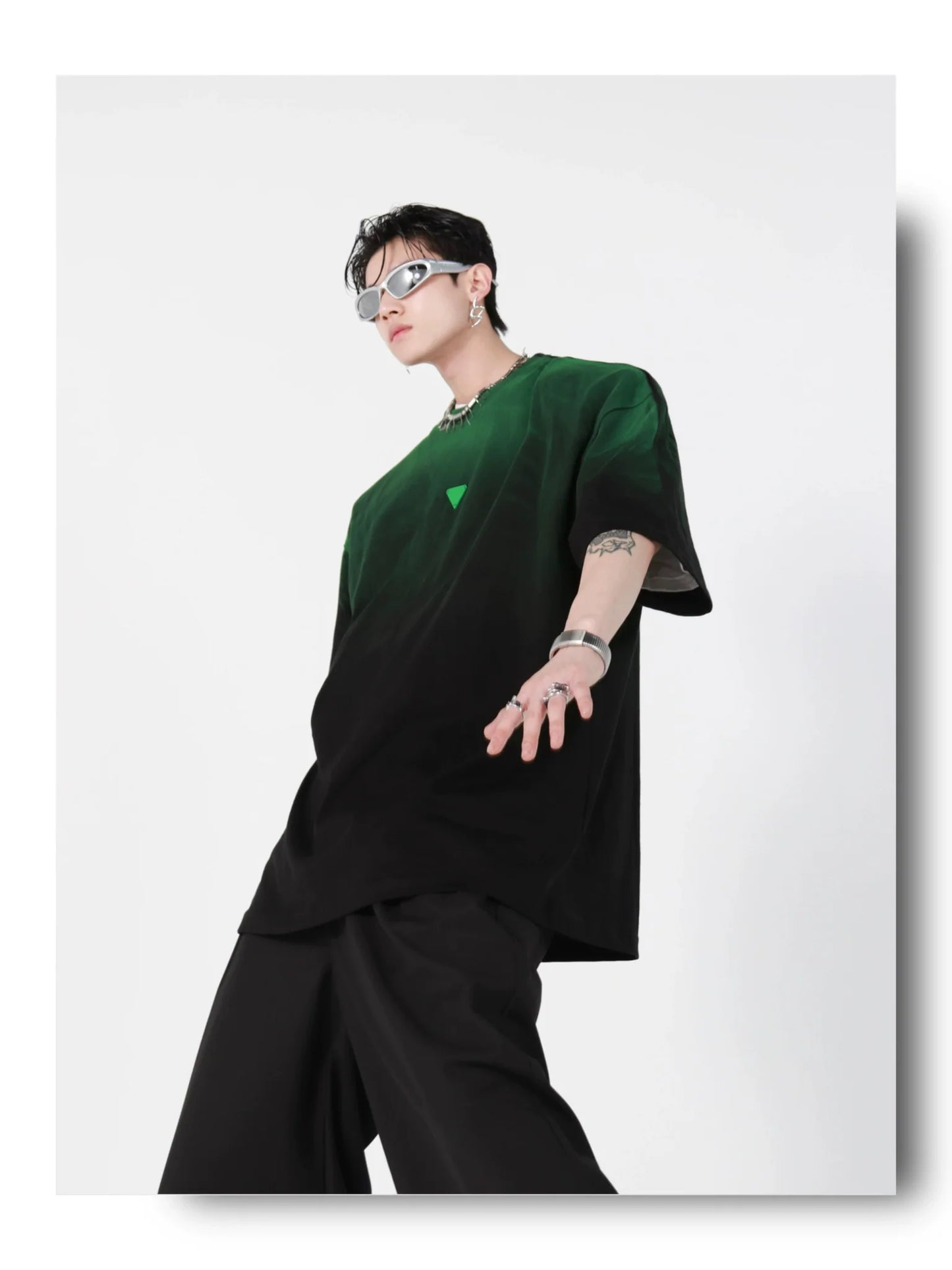 Loose Fit Black-Green Gradient Cotton T-Shirt with Geometric Print