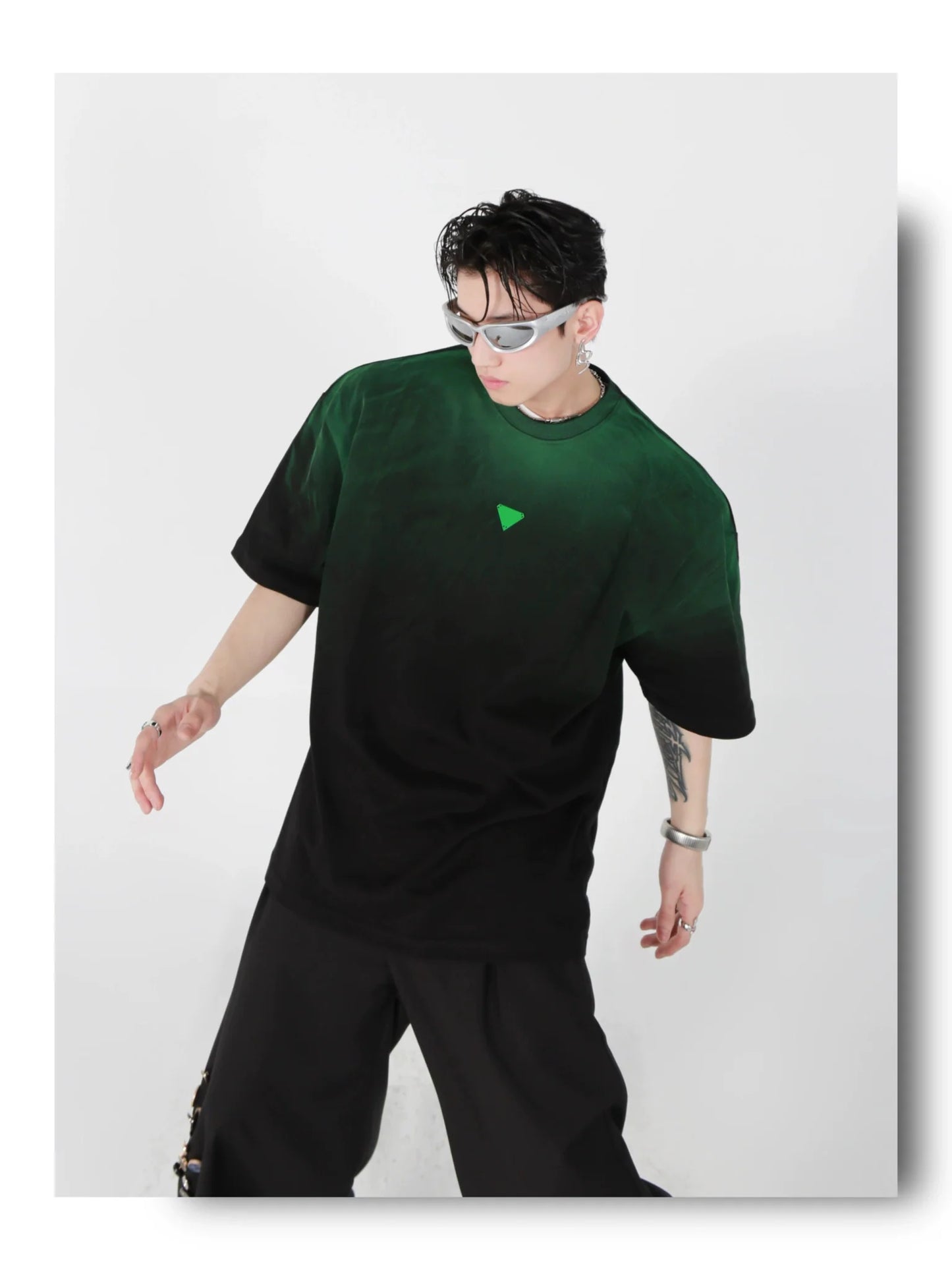 Loose Fit Black-Green Gradient Cotton T-Shirt with Geometric Print